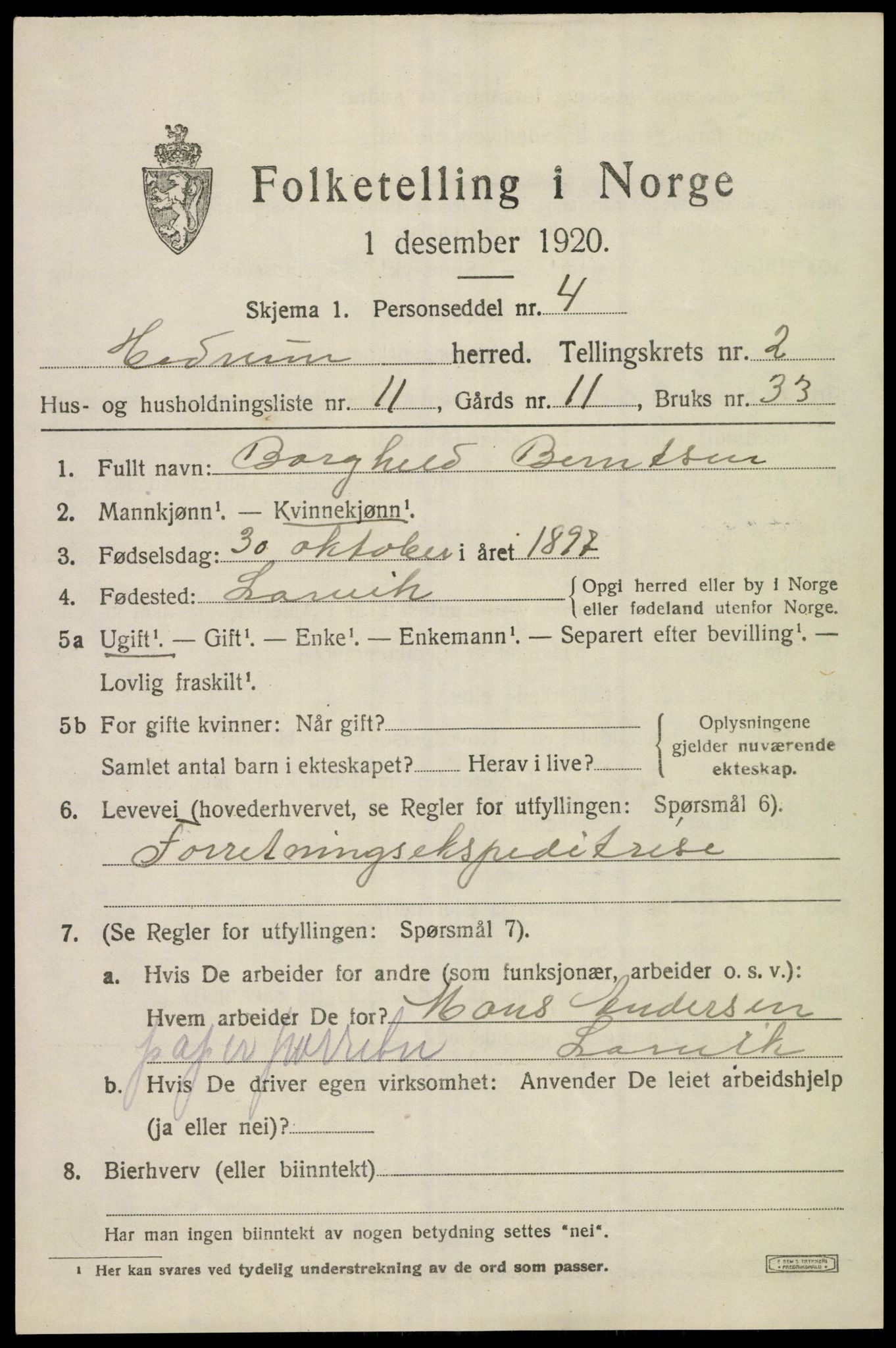 SAKO, 1920 census for Hedrum, 1920, p. 2537
