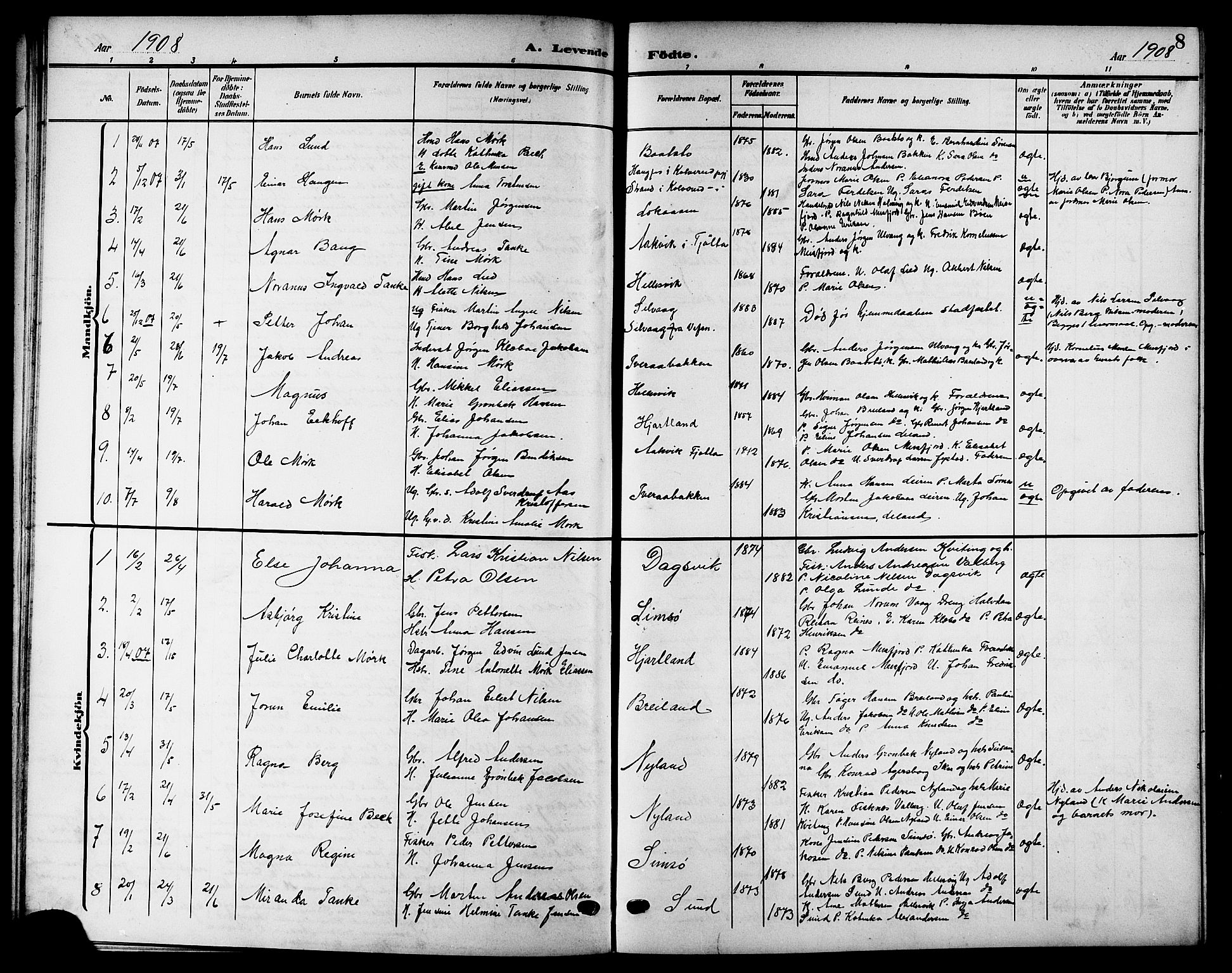 Ministerialprotokoller, klokkerbøker og fødselsregistre - Nordland, SAT/A-1459/832/L0494: Parish register (copy) no. 832C01, 1906-1922, p. 8