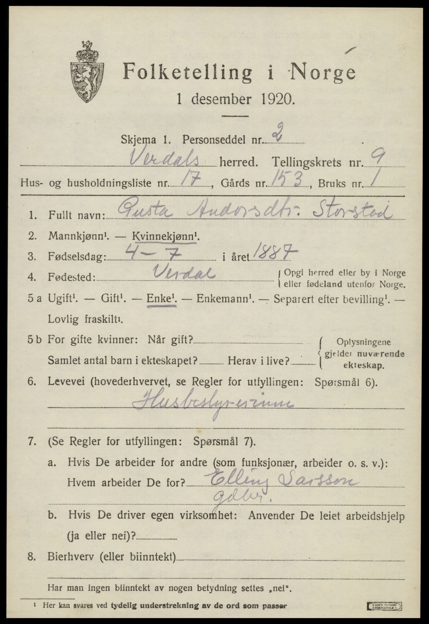 SAT, 1920 census for Verdal, 1920, p. 11593