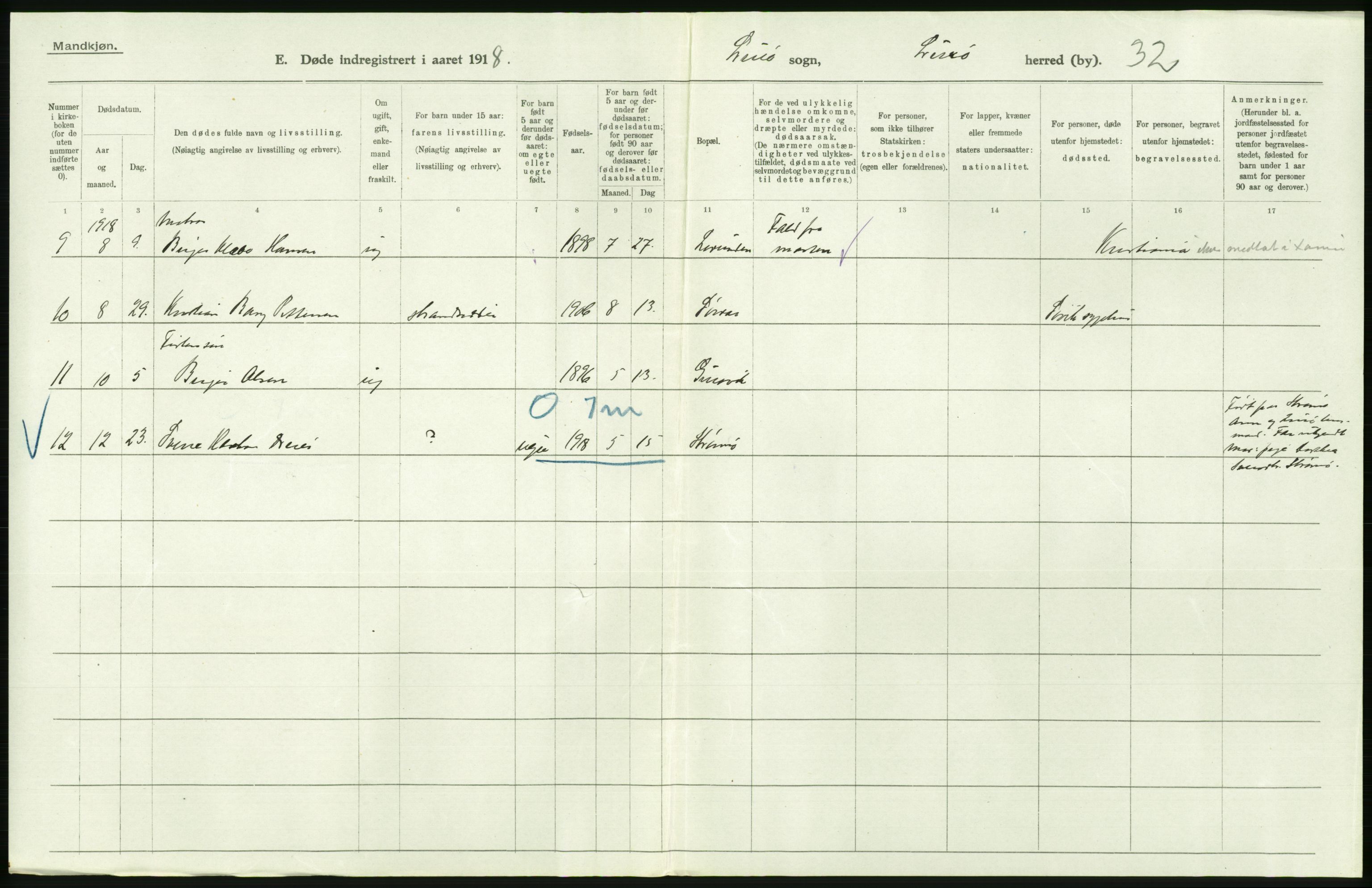 Statistisk sentralbyrå, Sosiodemografiske emner, Befolkning, AV/RA-S-2228/D/Df/Dfb/Dfbh/L0055: Nordland fylke: Døde. Bygder og byer., 1918, p. 154