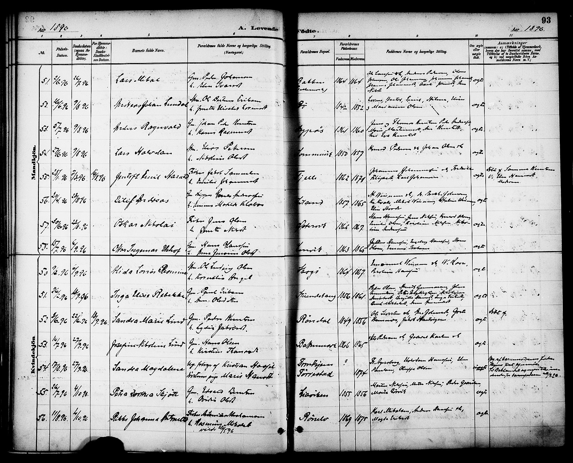 Ministerialprotokoller, klokkerbøker og fødselsregistre - Nordland, AV/SAT-A-1459/863/L0898: Parish register (official) no. 863A10, 1886-1897, p. 93