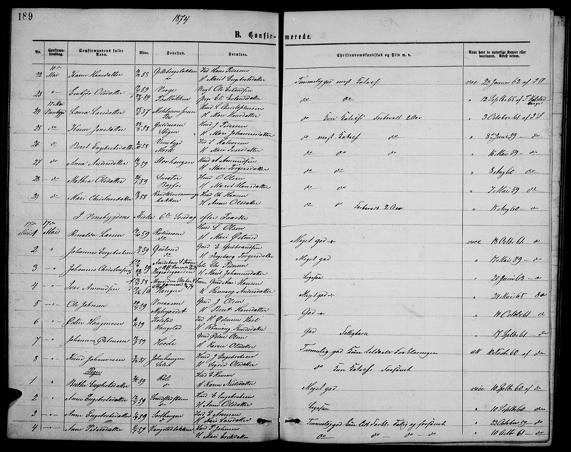 Ringebu prestekontor, SAH/PREST-082/H/Ha/Hab/L0004: Parish register (copy) no. 4, 1867-1879, p. 189