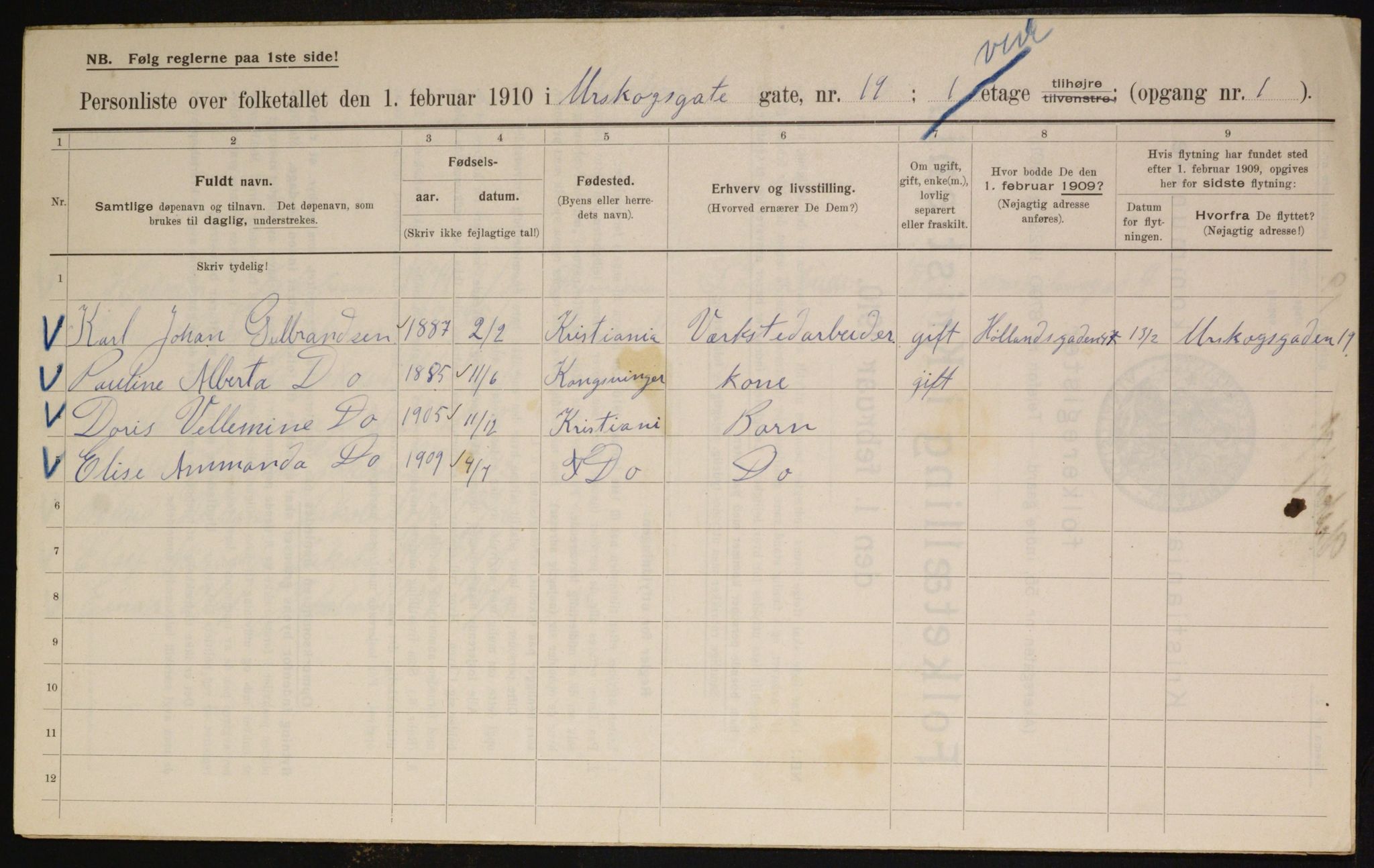 OBA, Municipal Census 1910 for Kristiania, 1910, p. 2522