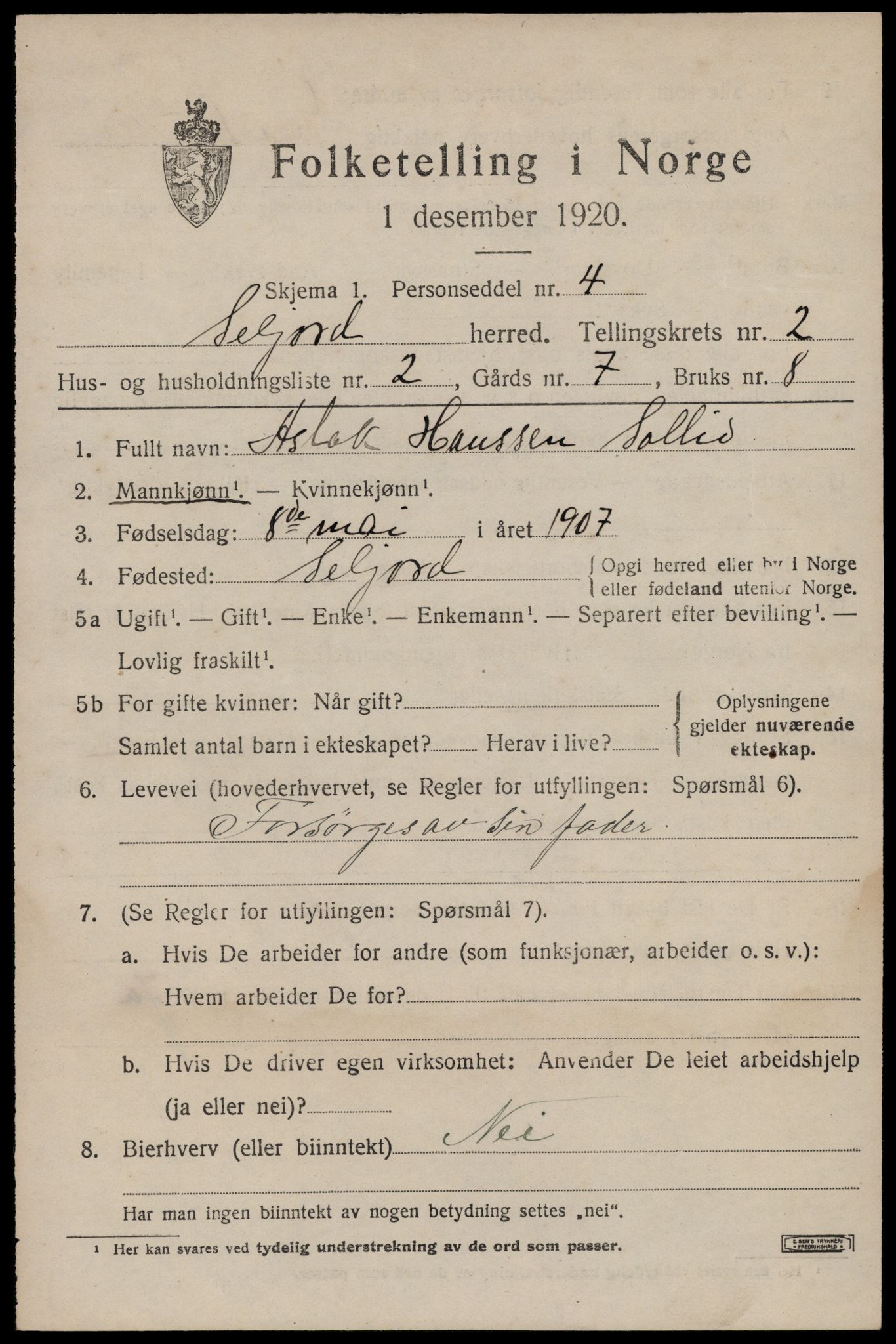 SAKO, 1920 census for Seljord, 1920, p. 1540