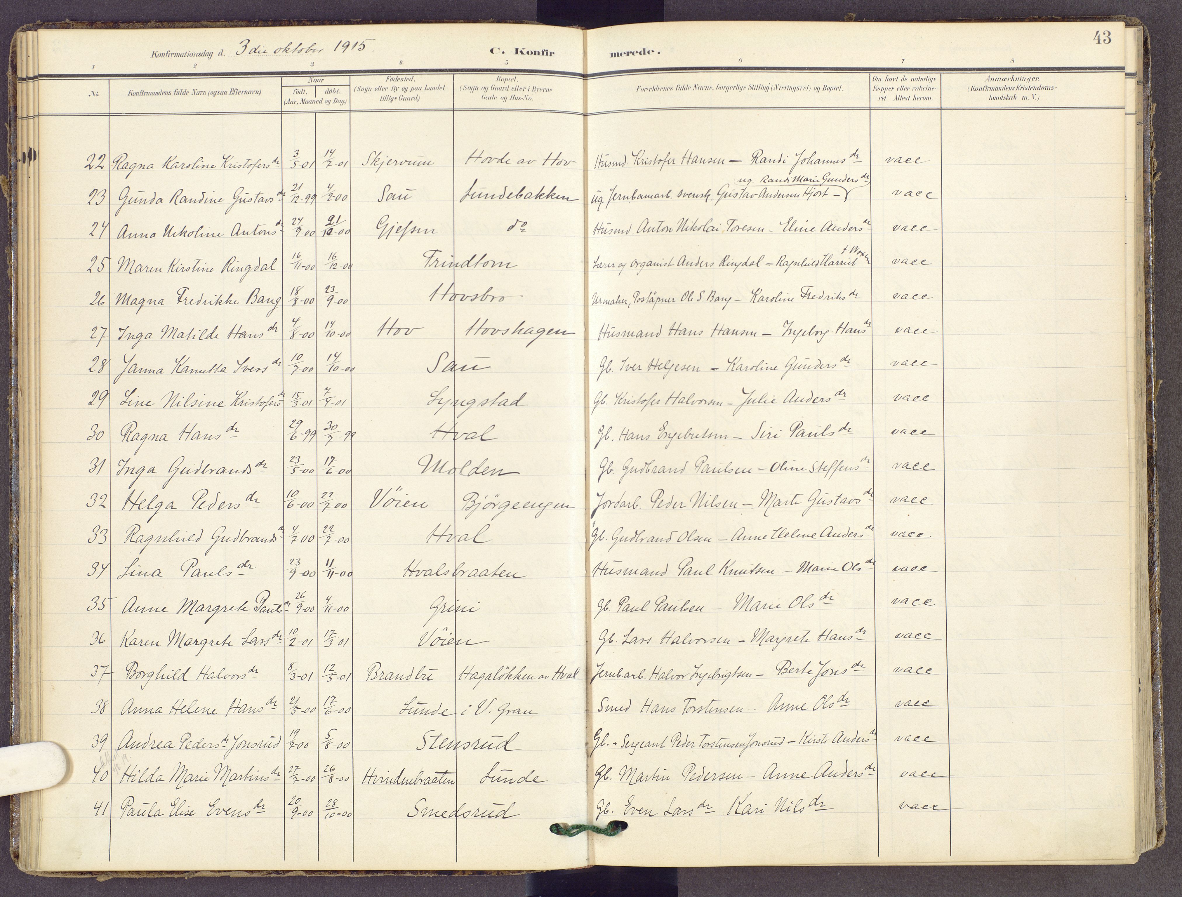 Gran prestekontor, SAH/PREST-112/H/Ha/Haa/L0022: Parish register (official) no. 22, 1908-1918, p. 43