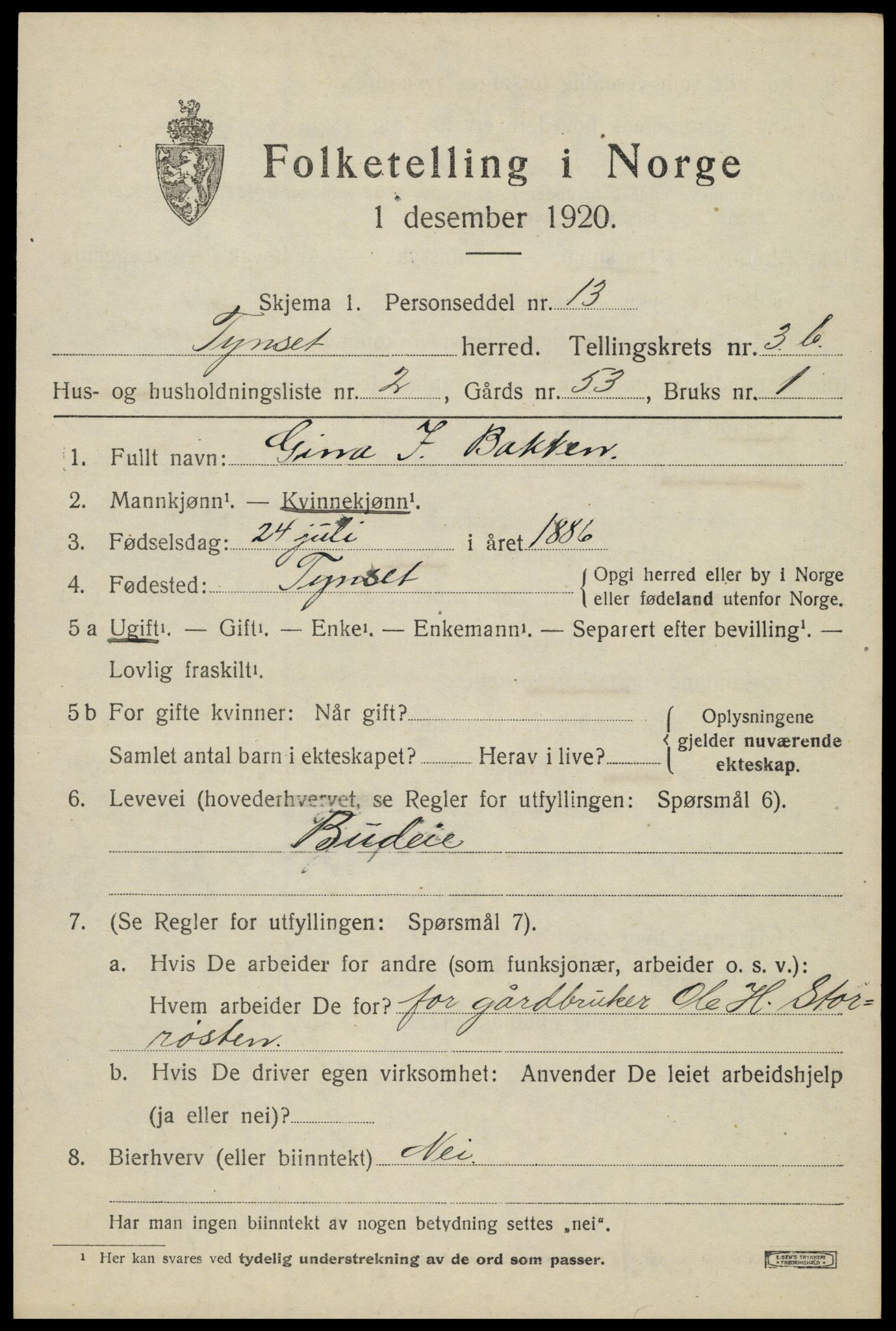 SAH, 1920 census for Tynset, 1920, p. 3172