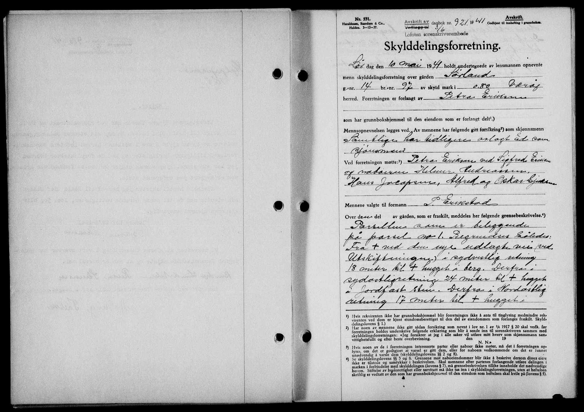 Lofoten sorenskriveri, SAT/A-0017/1/2/2C/L0008a: Mortgage book no. 8a, 1940-1941, Diary no: : 921/1941