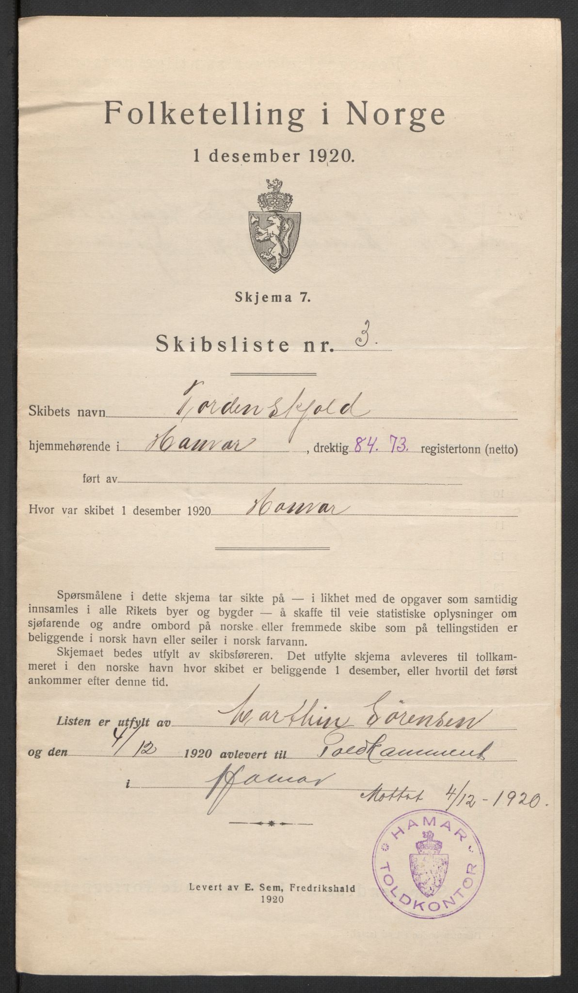 SAH, 1920 census for Hamar, 1920, p. 17538