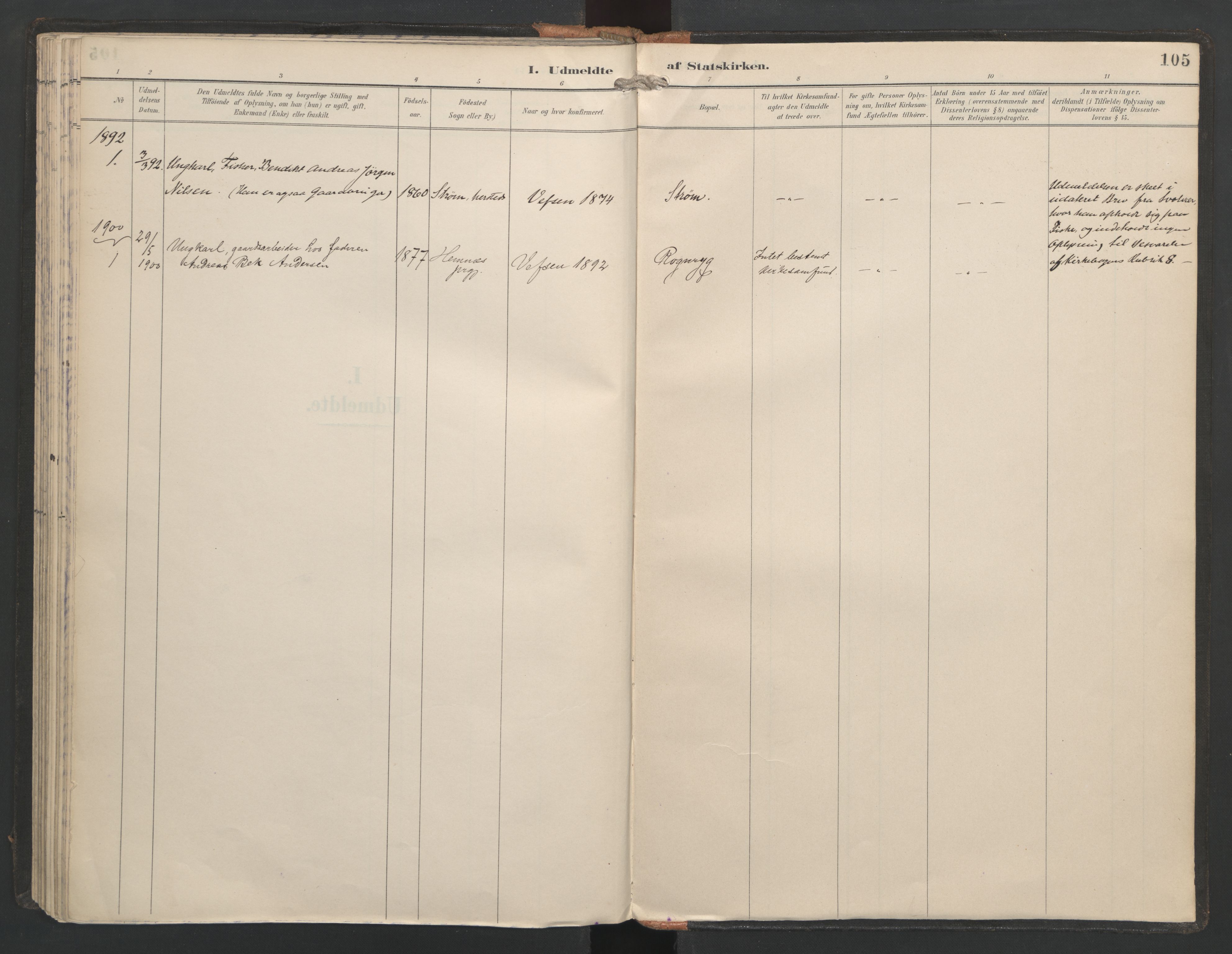 Ministerialprotokoller, klokkerbøker og fødselsregistre - Nordland, SAT/A-1459/821/L0317: Parish register (official) no. 821A01, 1892-1907, p. 105