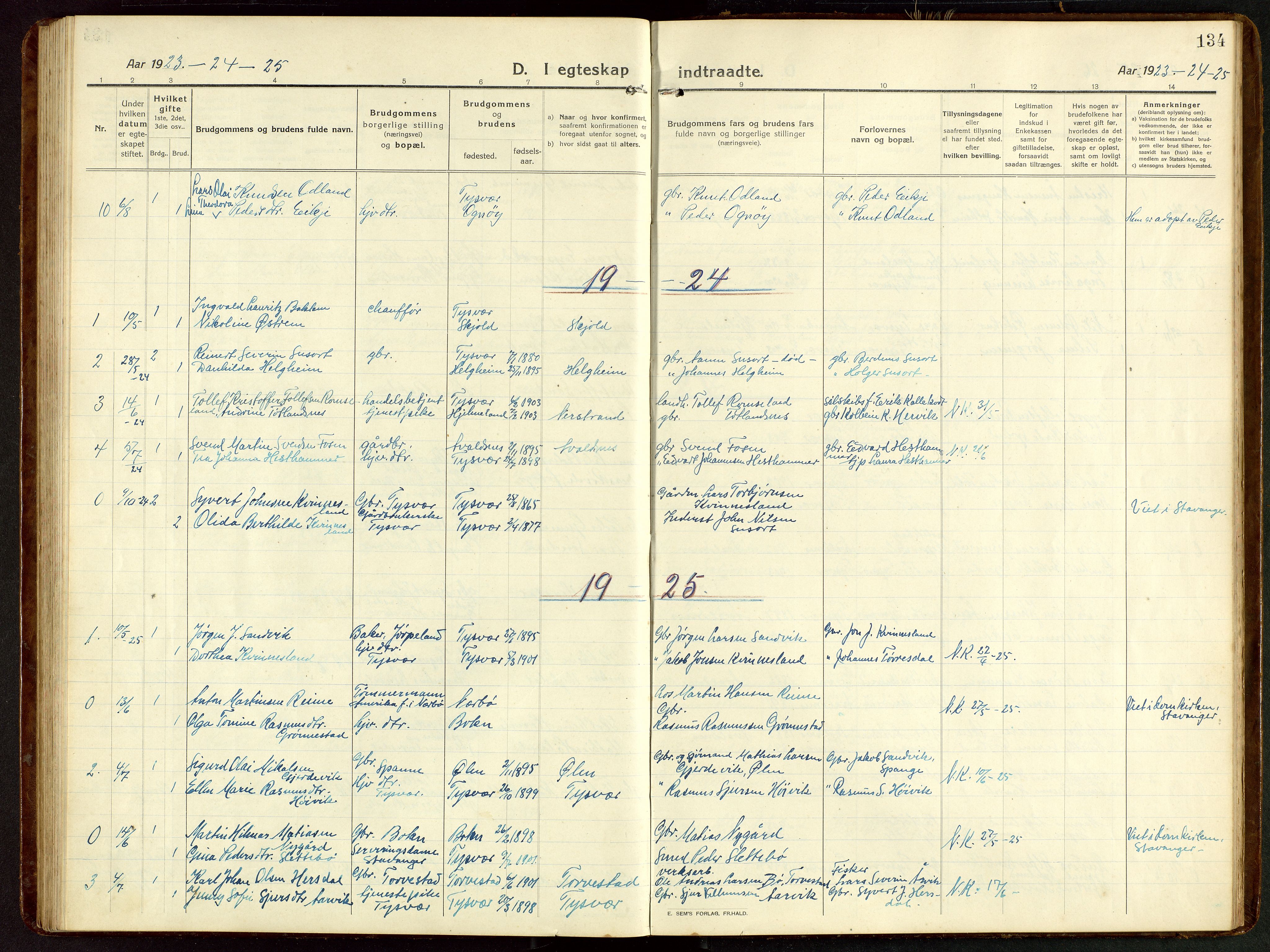 Tysvær sokneprestkontor, AV/SAST-A -101864/H/Ha/Hab/L0011: Parish register (copy) no. B 11, 1913-1946, p. 134