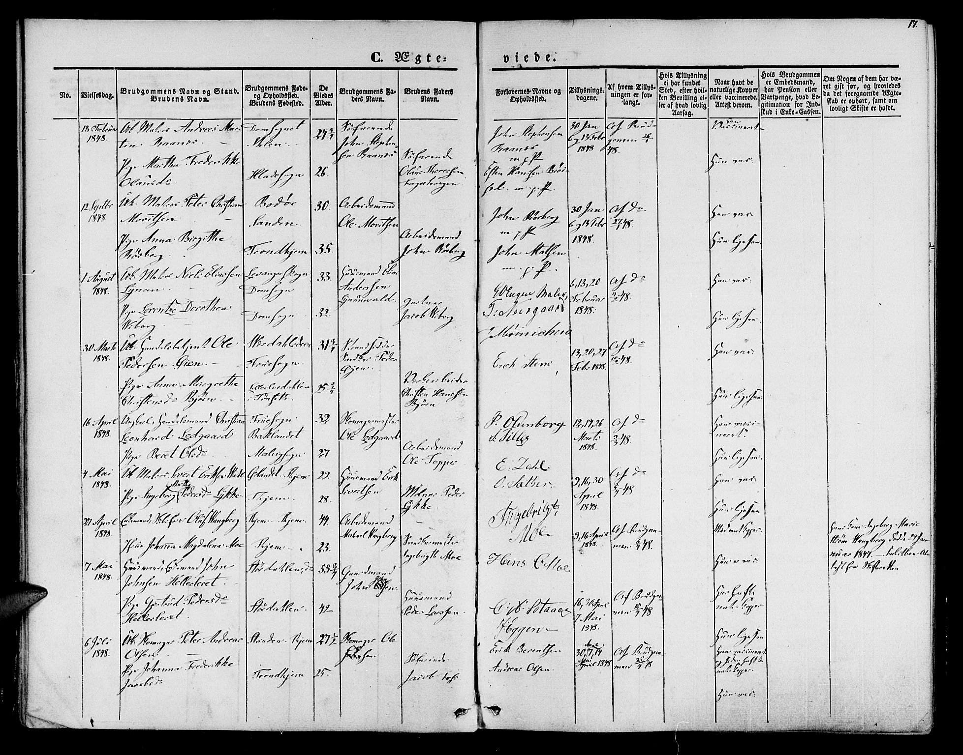 Ministerialprotokoller, klokkerbøker og fødselsregistre - Sør-Trøndelag, AV/SAT-A-1456/602/L0111: Parish register (official) no. 602A09, 1844-1867, p. 17