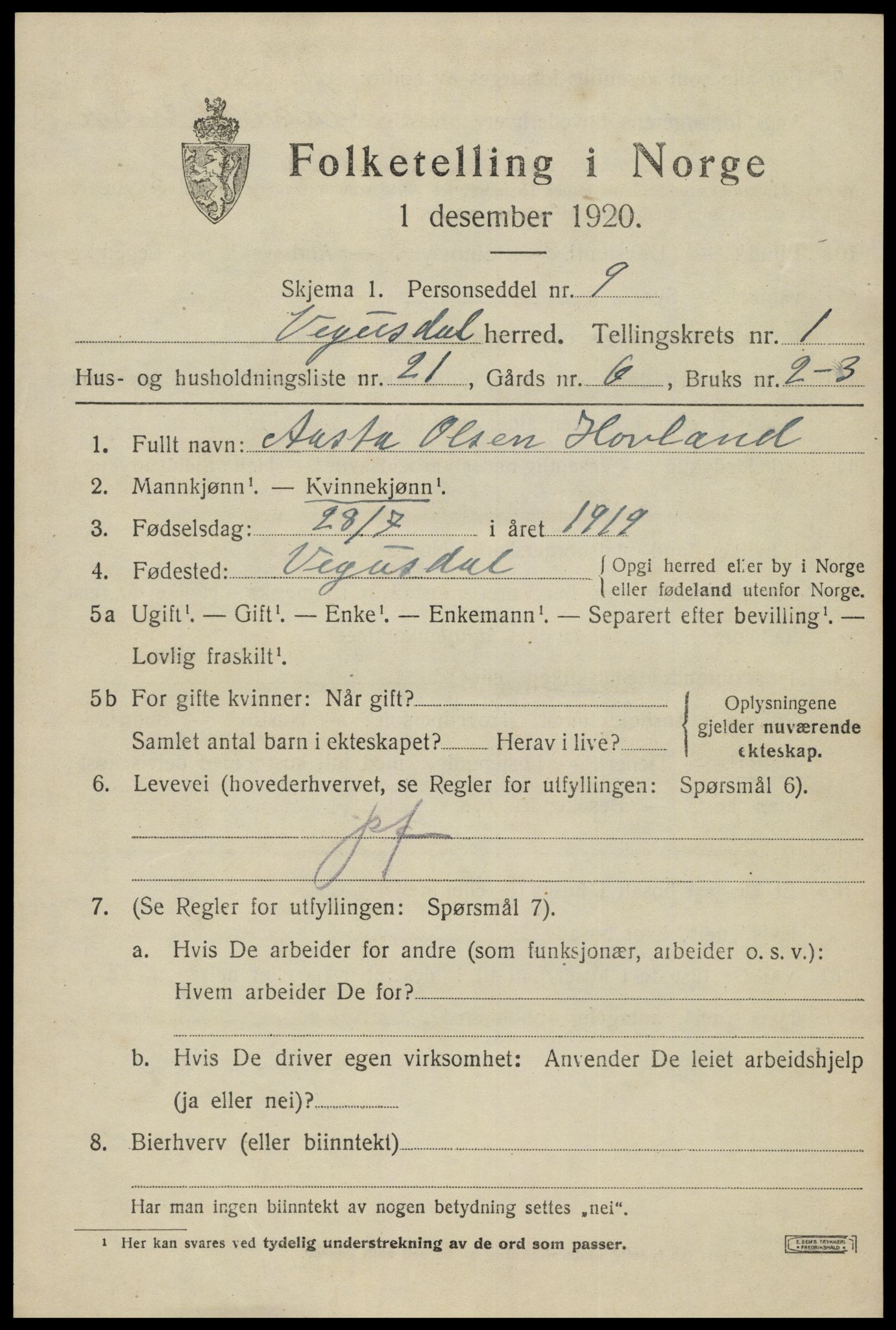 SAK, 1920 census for Vegusdal, 1920, p. 621