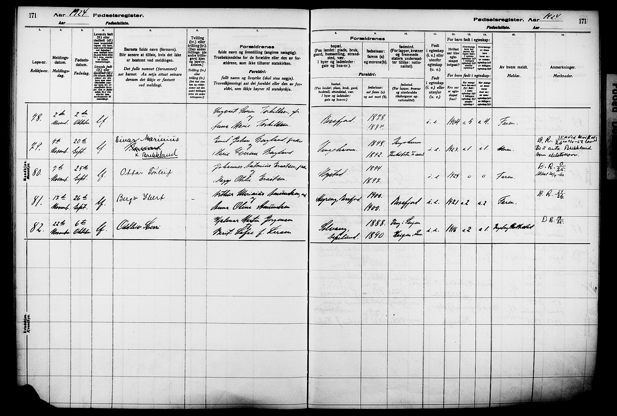 Lenvik sokneprestembete, AV/SATØ-S-1310/I/Ic/L0089: Birth register no. 89, 1916-1926, p. 171