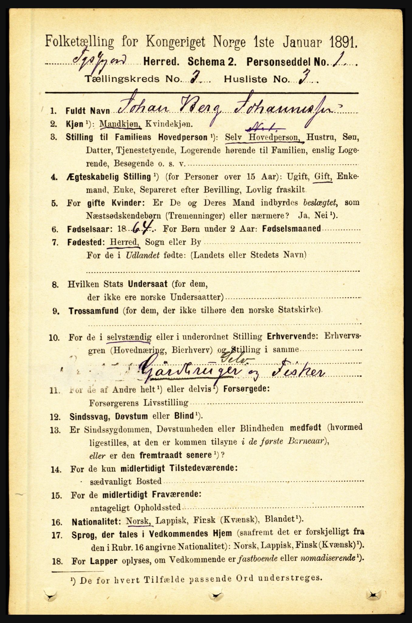 RA, 1891 census for 1850 Tysfjord, 1891, p. 1062