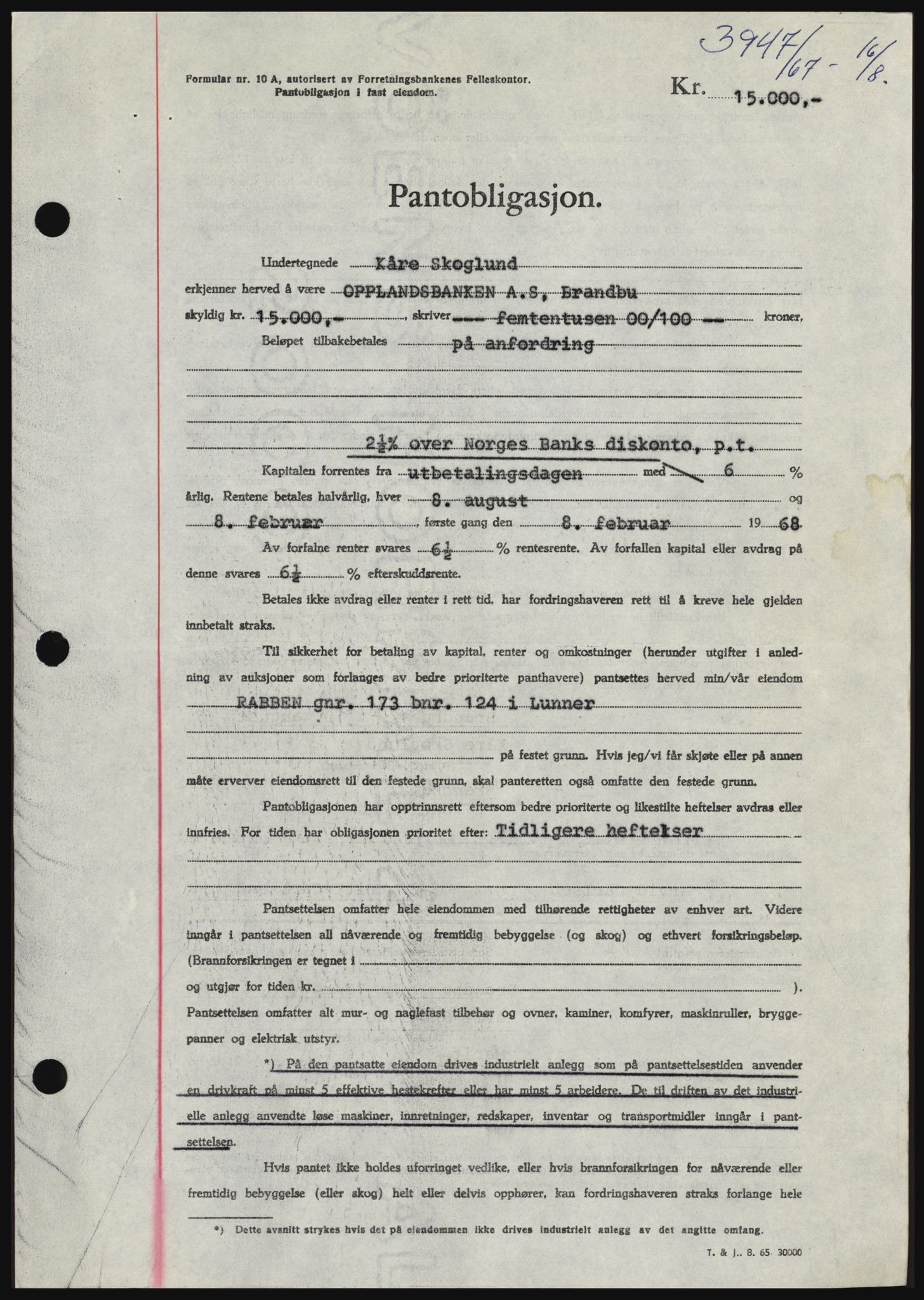Hadeland og Land tingrett, AV/SAH-TING-010/H/Hb/Hbc/L0067: Mortgage book no. B67, 1967-1967, Diary no: : 3947/1967