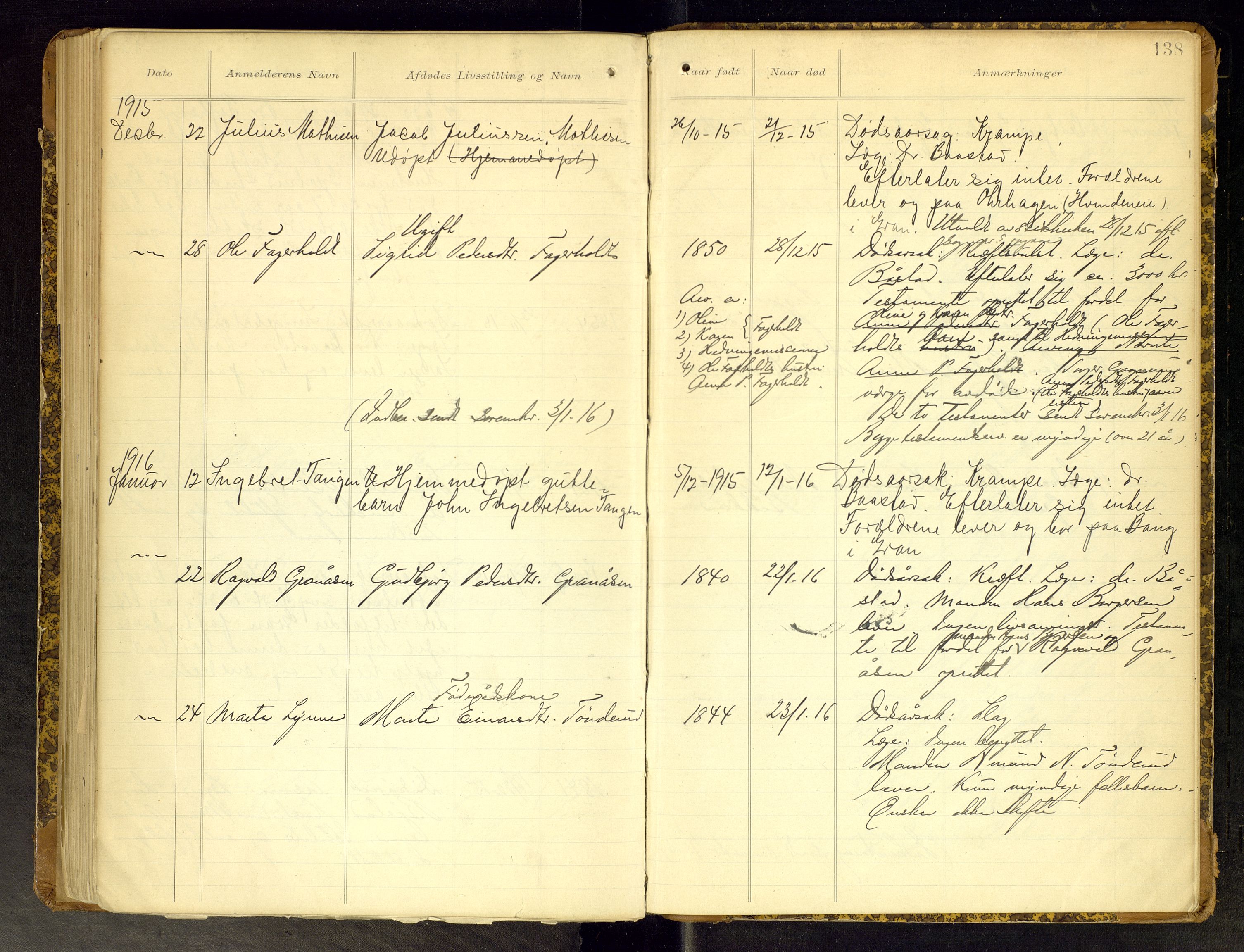 Gran lensmannskontor, SAH/LOG-010/H/Ha/L0002: Dødsfallsprotokoll, 1899-1917, p. 138