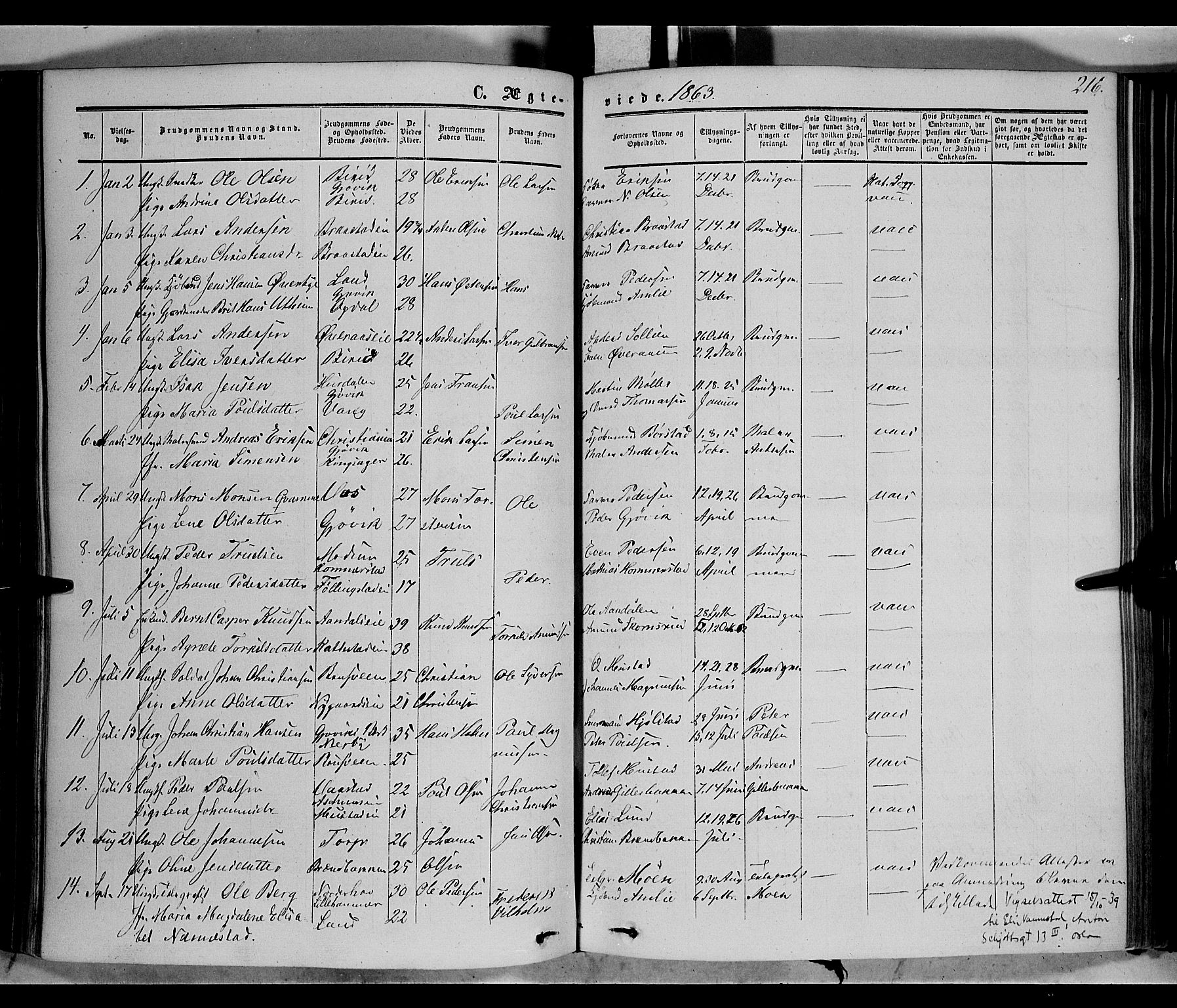 Vardal prestekontor, SAH/PREST-100/H/Ha/Haa/L0006: Parish register (official) no. 6, 1854-1866, p. 216
