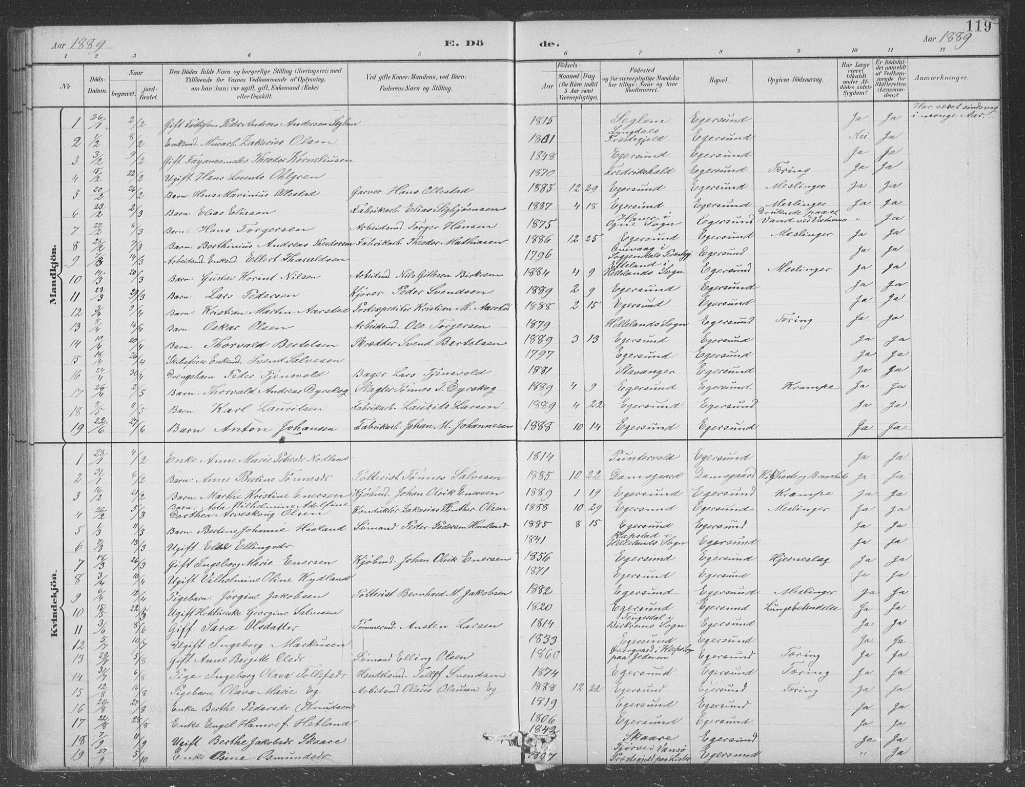 Eigersund sokneprestkontor, AV/SAST-A-101807/S09/L0008: Parish register (copy) no. B 8, 1882-1892, p. 119