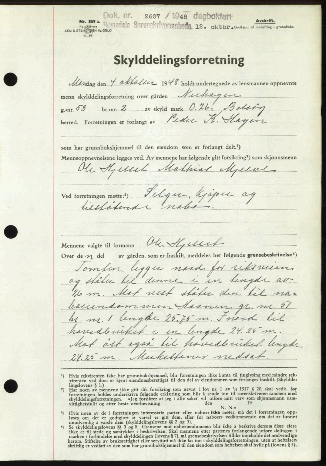 Romsdal sorenskriveri, AV/SAT-A-4149/1/2/2C: Mortgage book no. A27, 1948-1948, Diary no: : 2607/1948