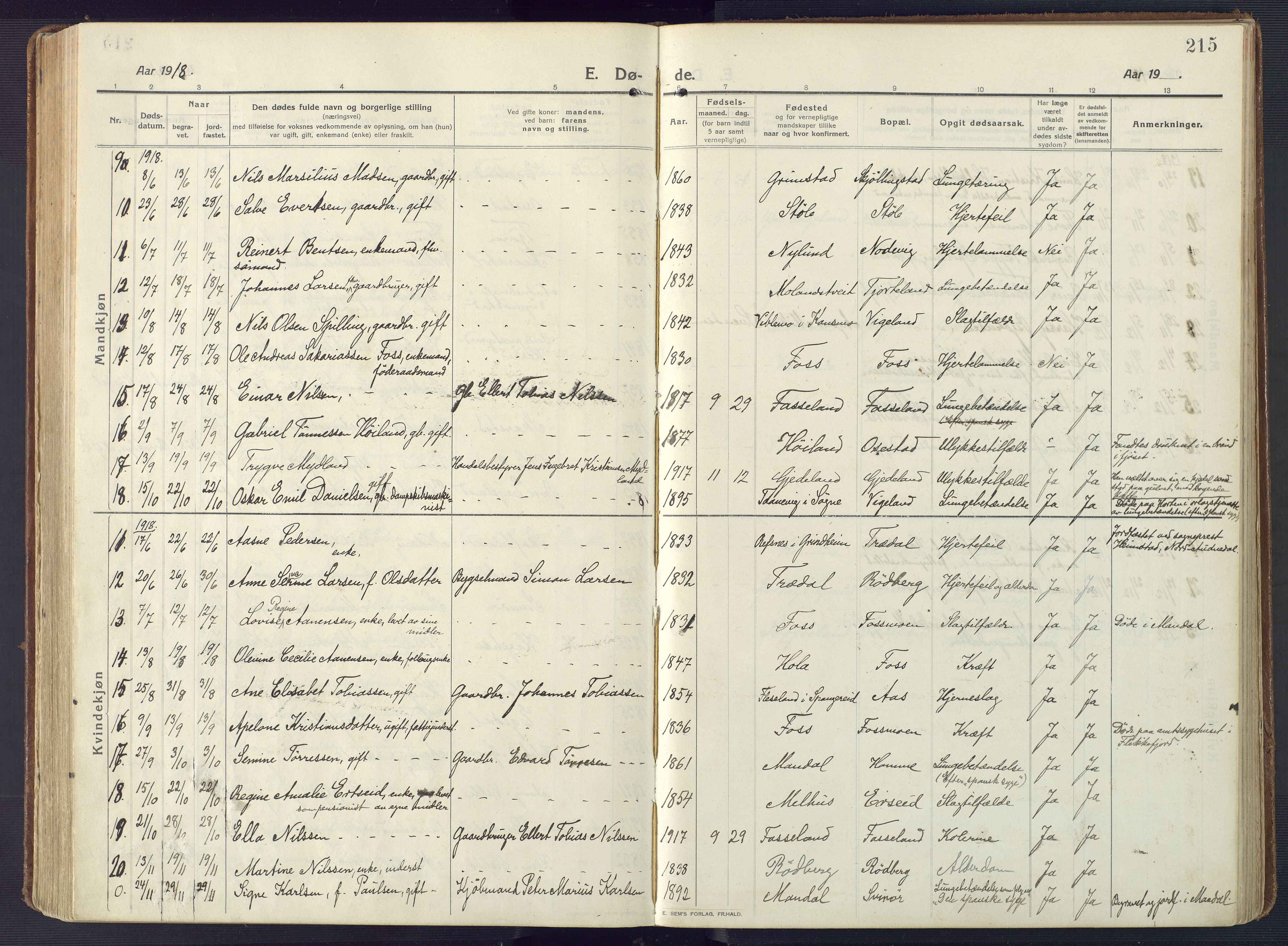 Sør-Audnedal sokneprestkontor, AV/SAK-1111-0039/F/Fa/Fab/L0011: Parish register (official) no. A 11, 1912-1938, p. 215