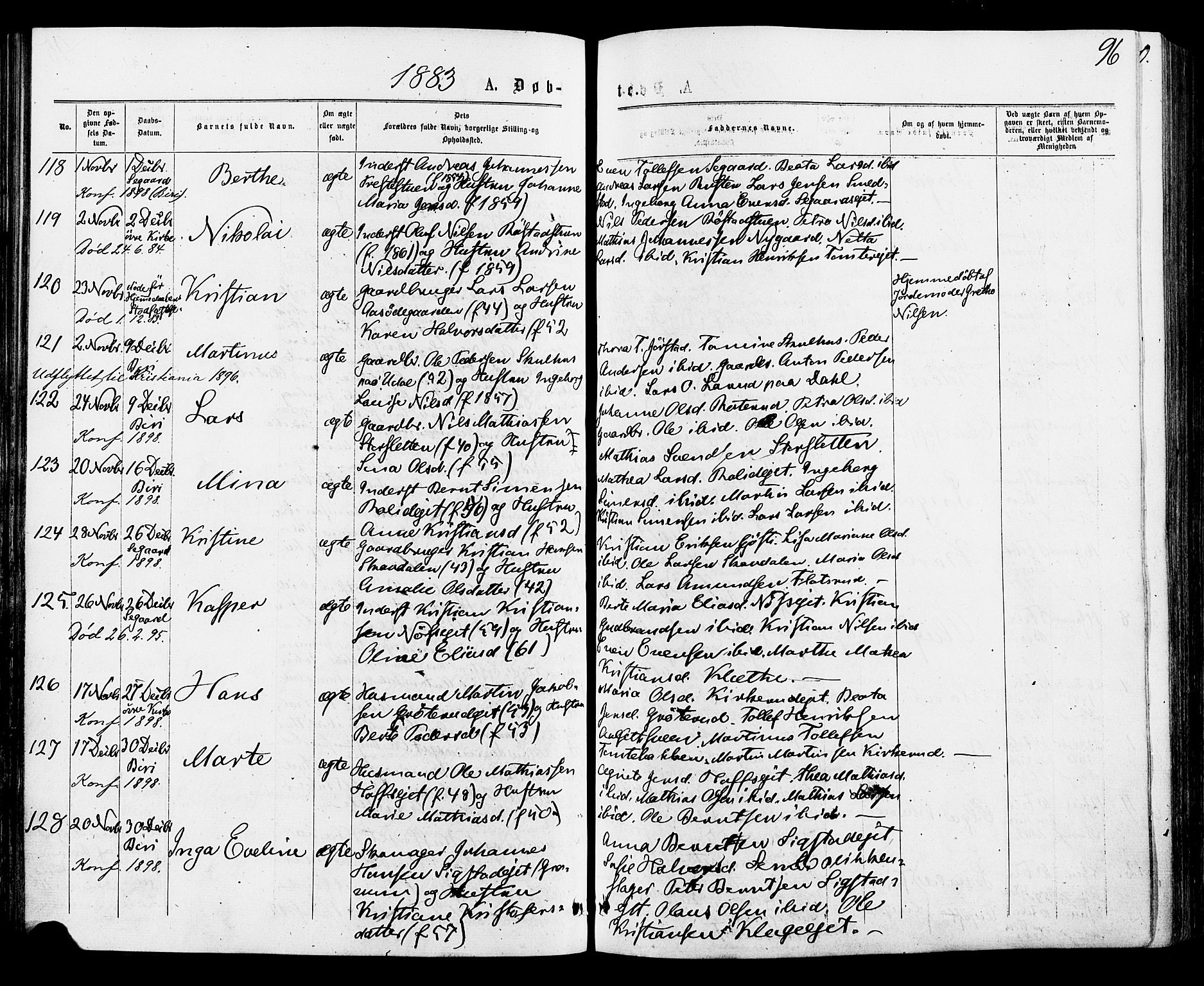 Biri prestekontor, SAH/PREST-096/H/Ha/Haa/L0006: Parish register (official) no. 6, 1877-1886, p. 96