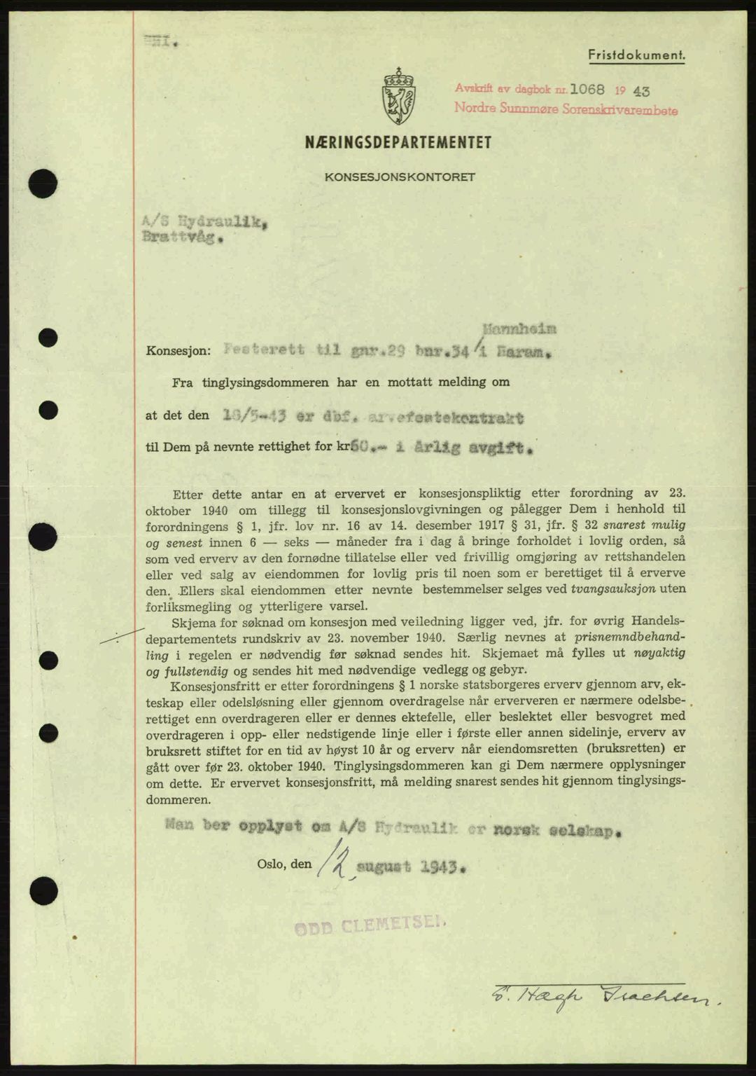 Nordre Sunnmøre sorenskriveri, SAT/A-0006/1/2/2C/2Ca: Mortgage book no. B6-14 a, 1942-1945, Diary no: : 1068/1943