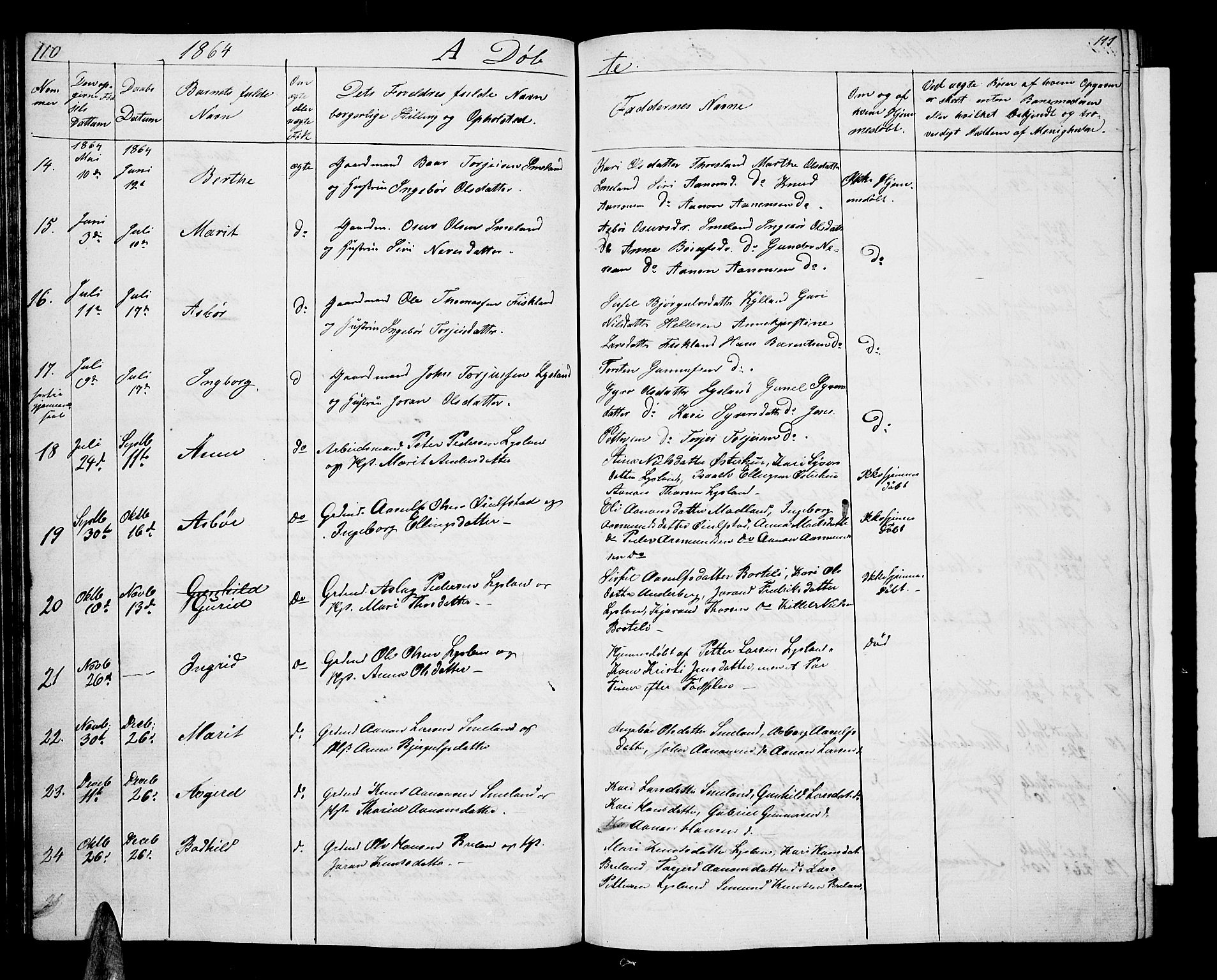 Åseral sokneprestkontor, AV/SAK-1111-0051/F/Fb/L0001: Parish register (copy) no. B 1, 1856-1877, p. 110-111