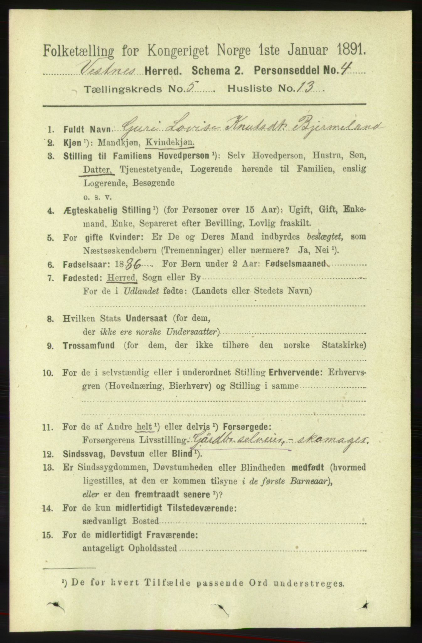 RA, 1891 census for 1535 Vestnes, 1891, p. 1884