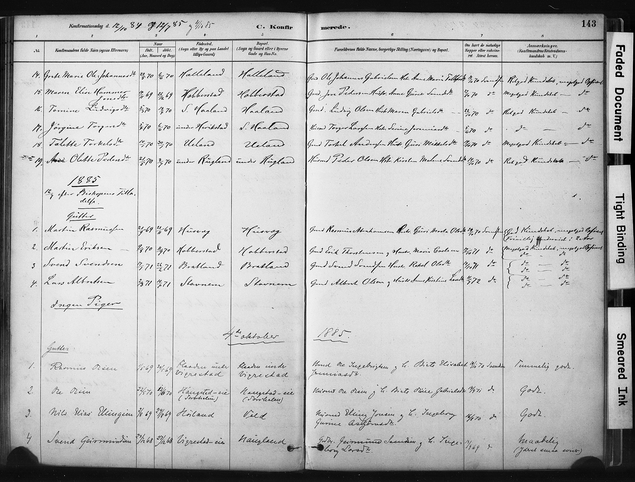 Hå sokneprestkontor, AV/SAST-A-101801/001/30BA/L0011: Parish register (official) no. A 10, 1879-1900, p. 143