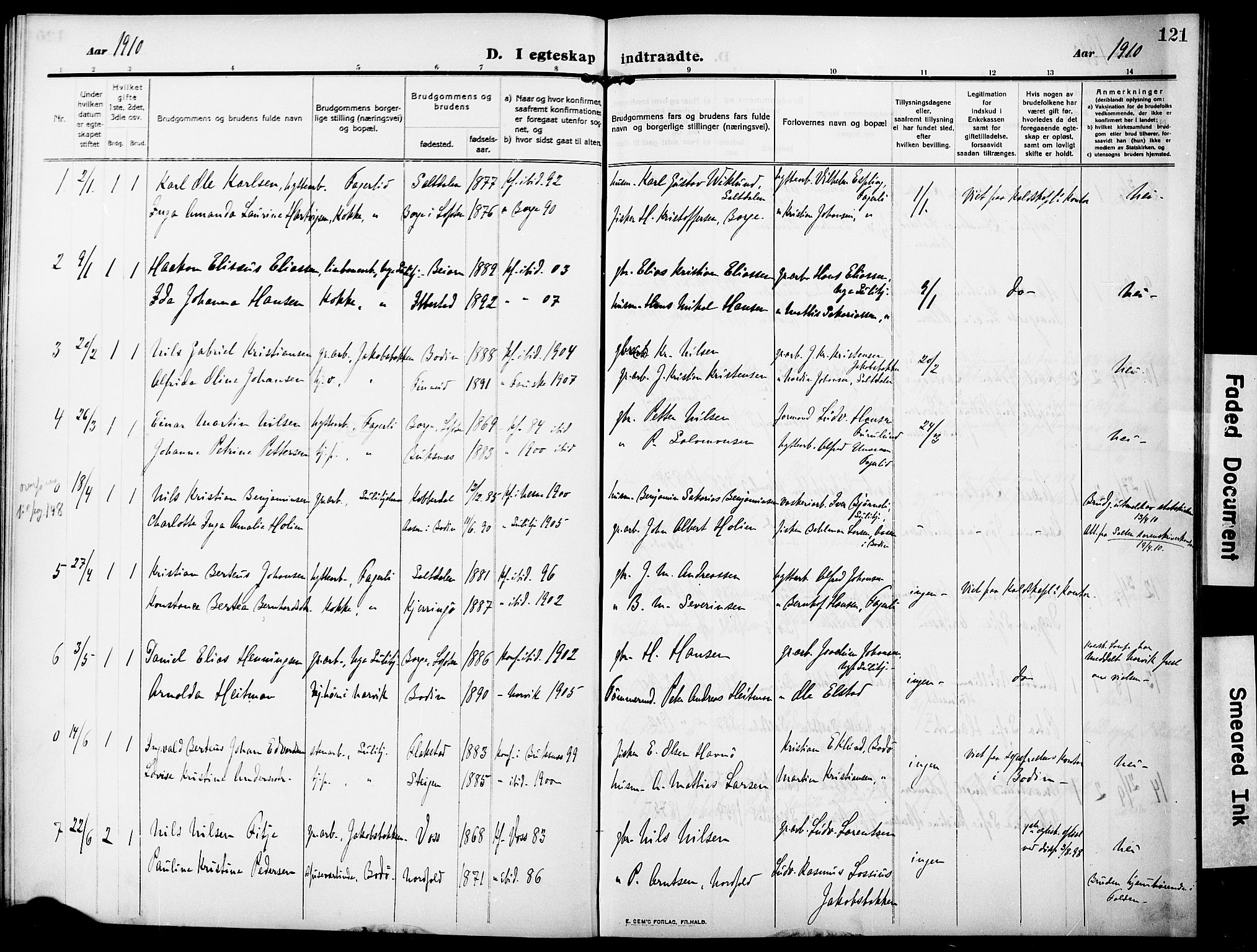 Ministerialprotokoller, klokkerbøker og fødselsregistre - Nordland, AV/SAT-A-1459/850/L0710: Parish register (official) no. 850A02, 1910-1920, p. 121