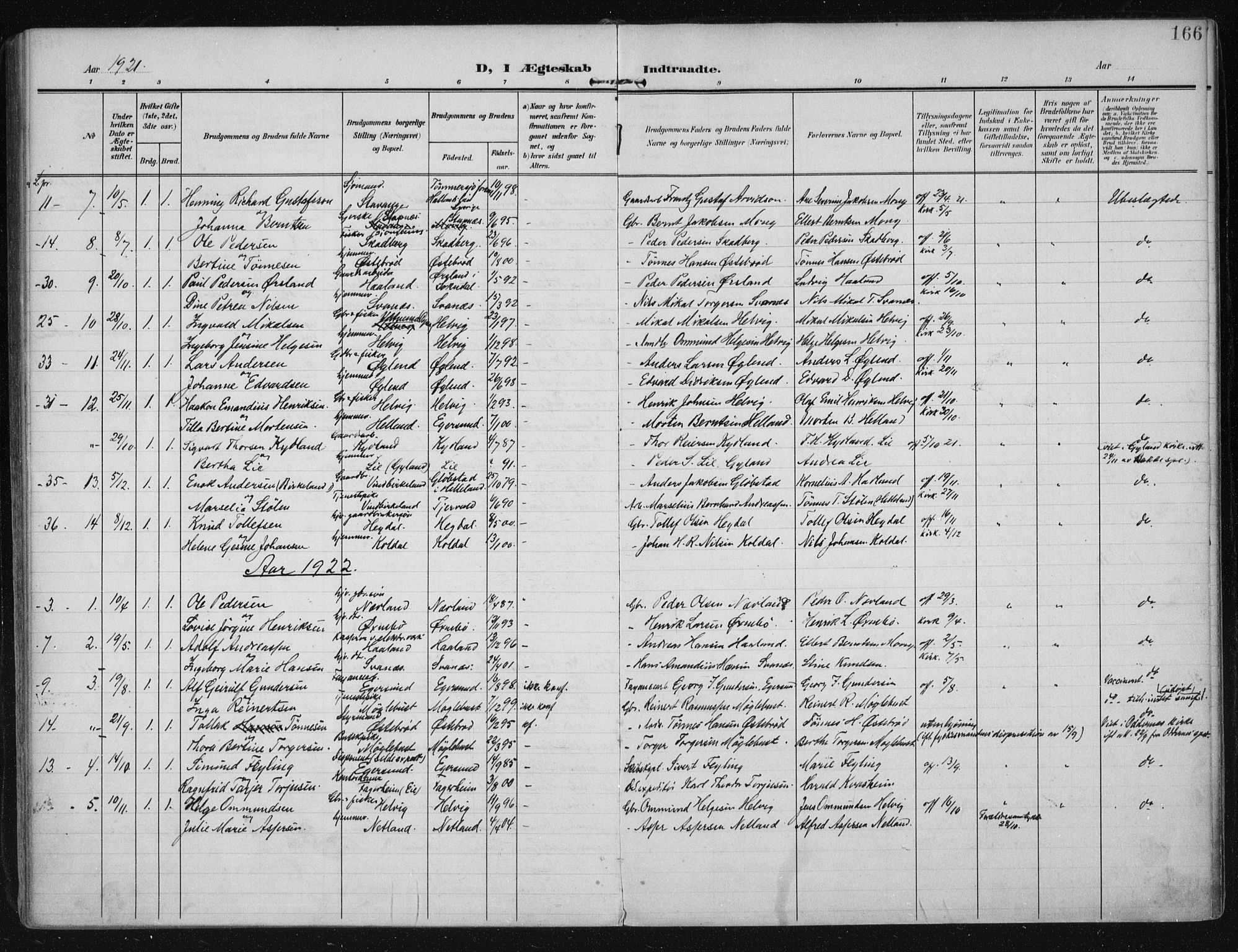 Eigersund sokneprestkontor, SAST/A-101807/S08/L0021: Parish register (official) no. A 20, 1906-1928, p. 166