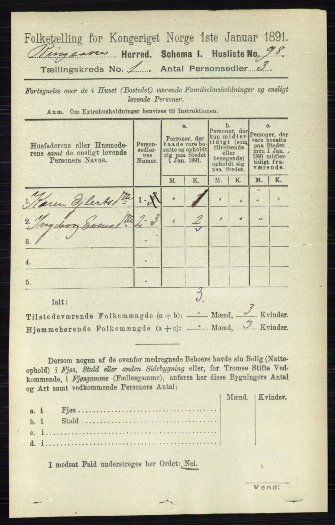 RA, 1891 census for 0412 Ringsaker, 1891, p. 164