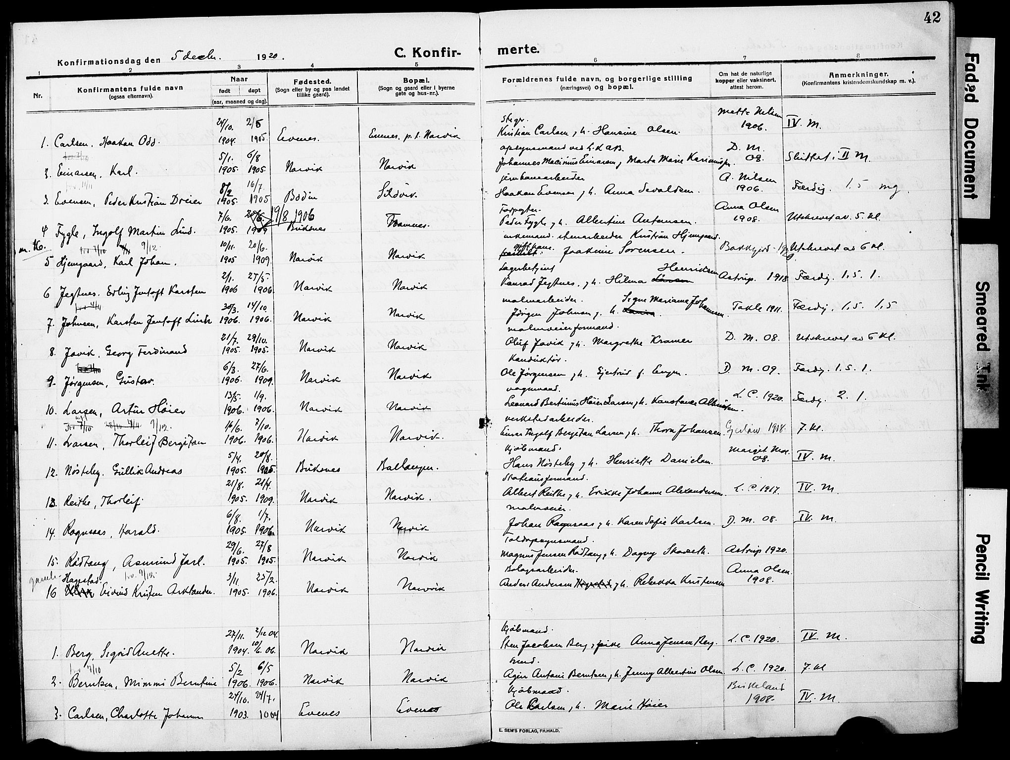 Ministerialprotokoller, klokkerbøker og fødselsregistre - Nordland, AV/SAT-A-1459/871/L0989: Parish register (official) no. 871A05, 1915-1922, p. 42