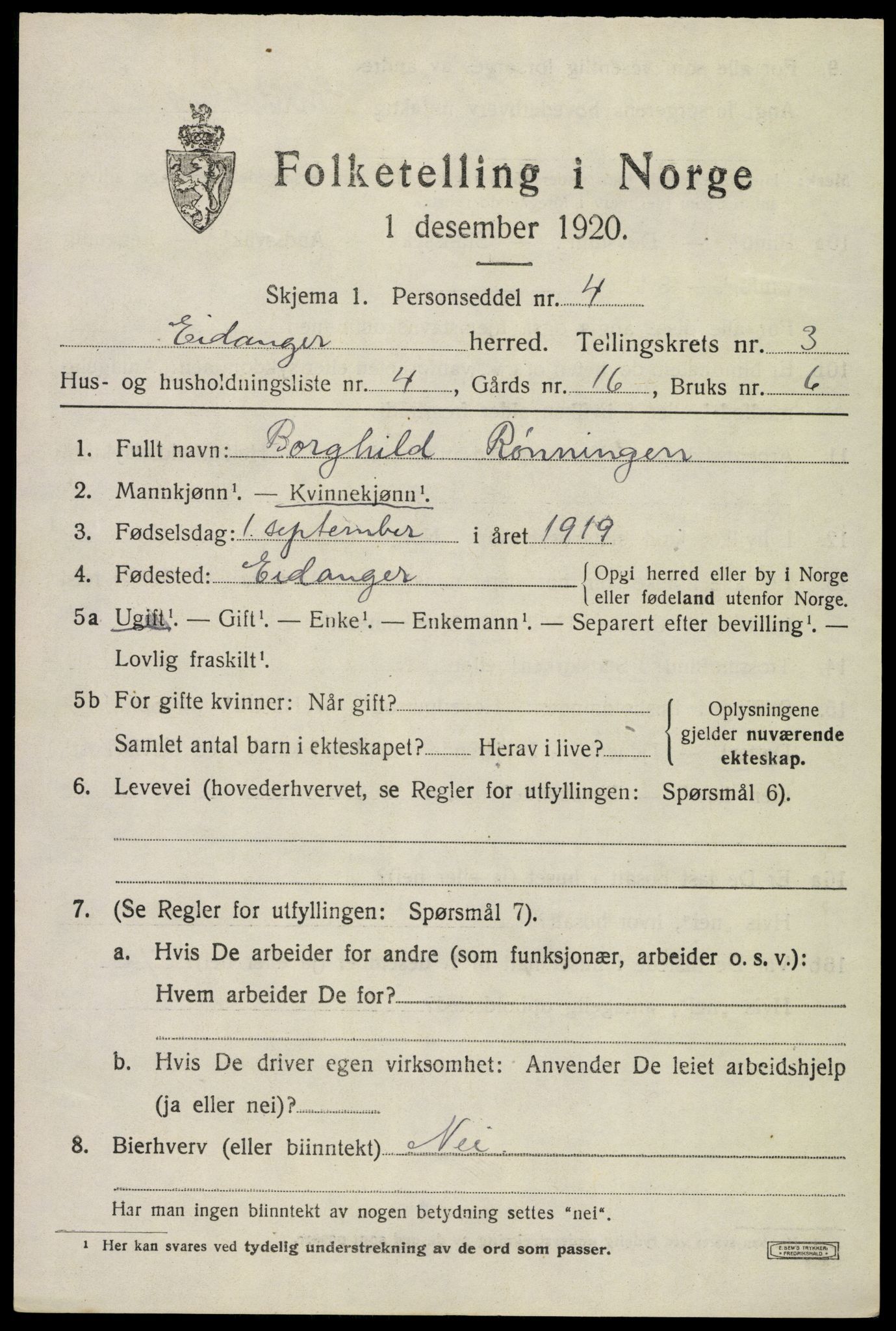 SAKO, 1920 census for Eidanger, 1920, p. 3394