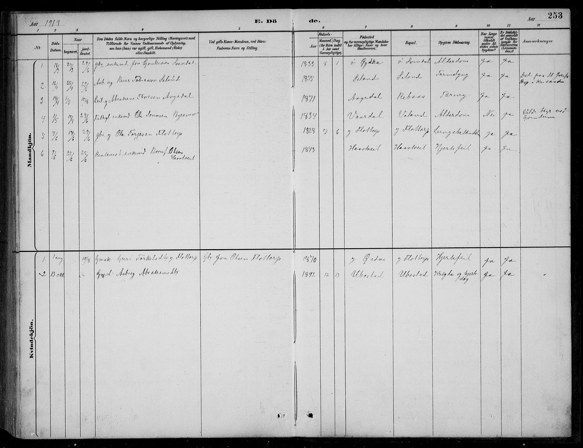 Bjelland sokneprestkontor, SAK/1111-0005/F/Fb/Fbc/L0003: Parish register (copy) no. B 3, 1887-1924, p. 253