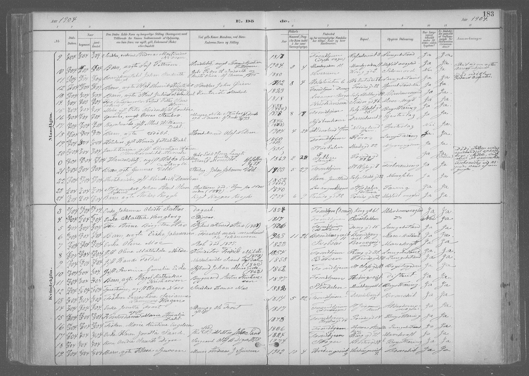 Ministerialprotokoller, klokkerbøker og fødselsregistre - Sør-Trøndelag, SAT/A-1456/601/L0064: Parish register (official) no. 601A31, 1891-1911, p. 183