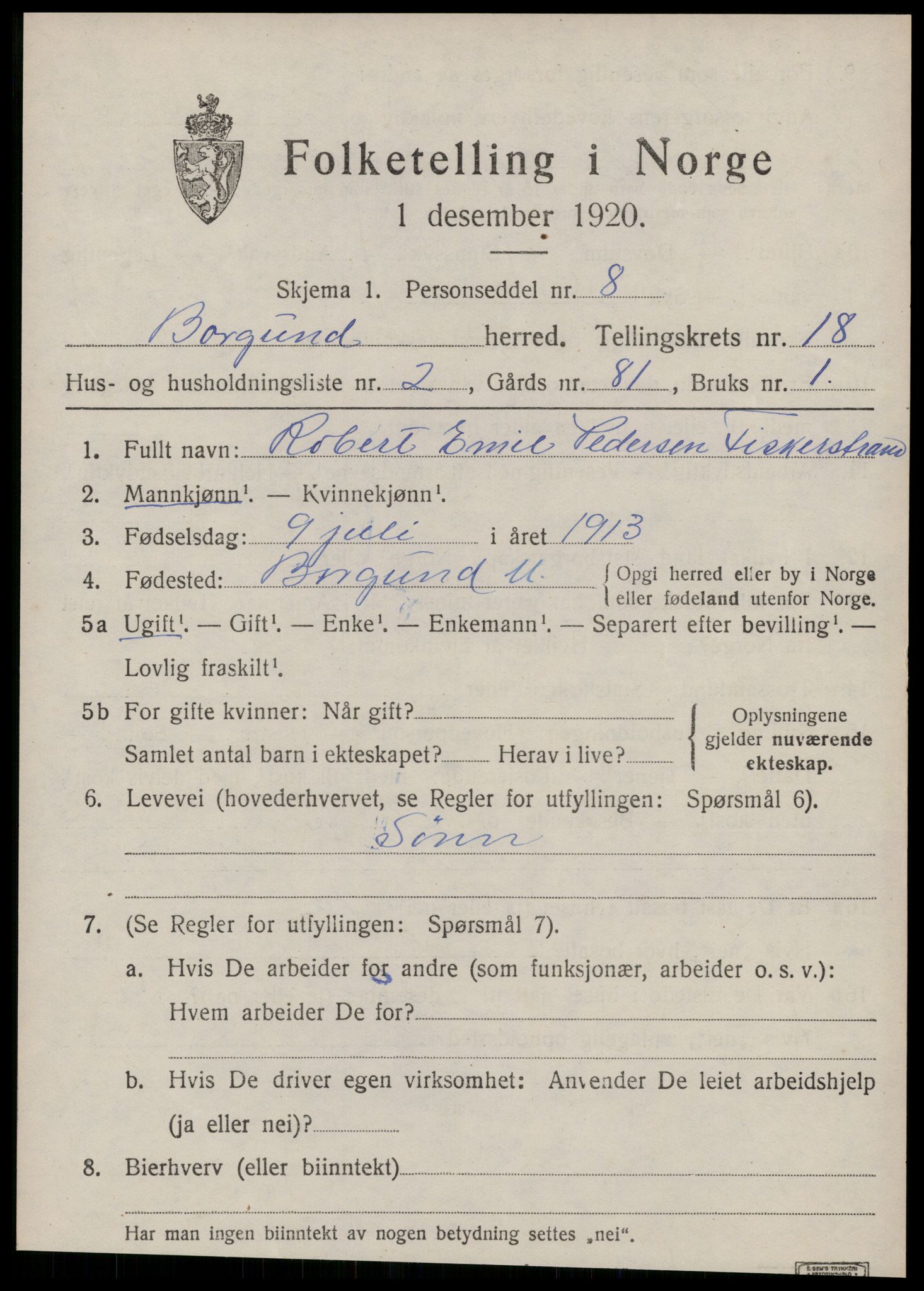 SAT, 1920 census for Borgund, 1920, p. 12958