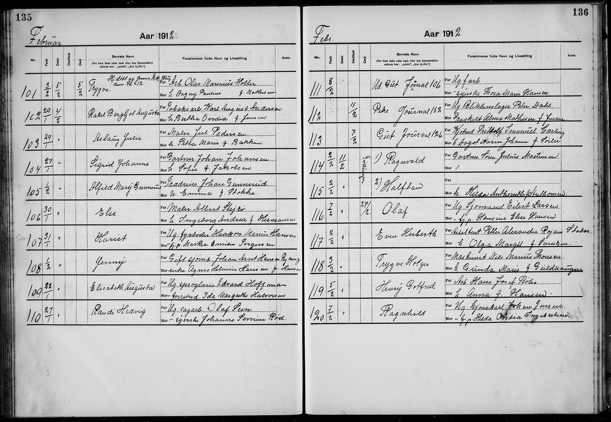 Rikshospitalet prestekontor Kirkebøker, AV/SAO-A-10309b/K/L0007/0001: Baptism register no. 7.1, 1910-1912, p. 135-136