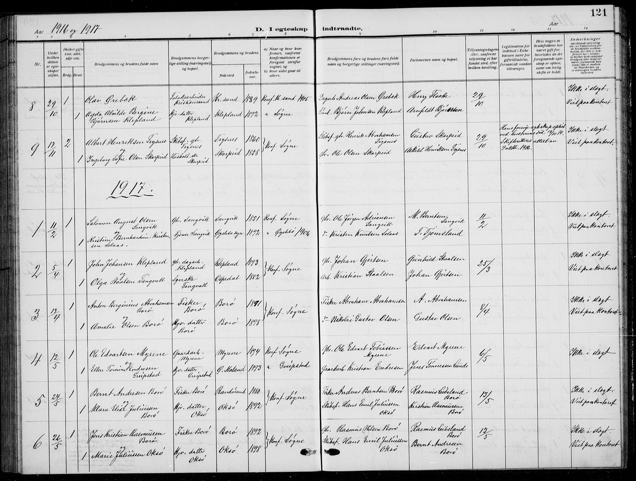 Søgne sokneprestkontor, SAK/1111-0037/F/Fb/Fbb/L0007: Parish register (copy) no. B 7, 1912-1931, p. 121