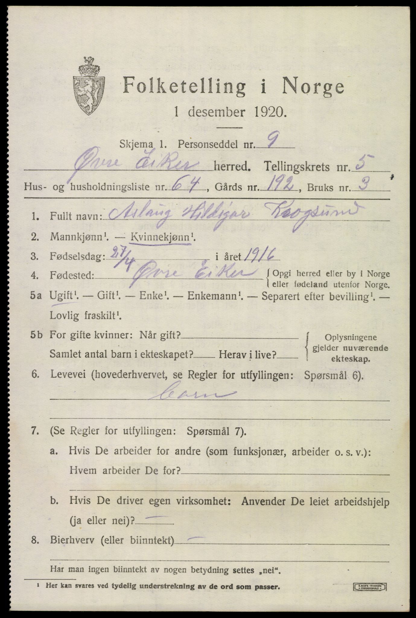 SAKO, 1920 census for Øvre Eiker, 1920, p. 12774