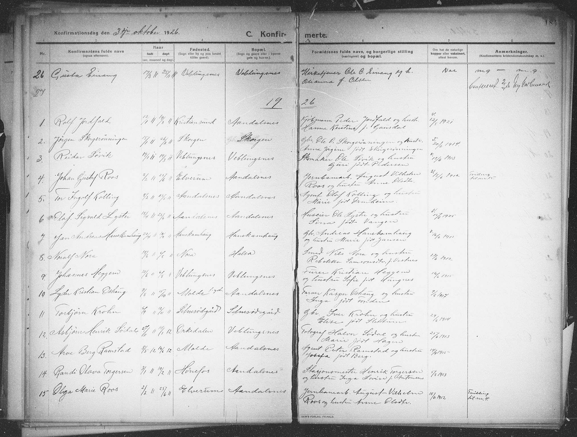 Ministerialprotokoller, klokkerbøker og fødselsregistre - Møre og Romsdal, AV/SAT-A-1454/544/L0581: Parish register (copy) no. 544C03, 1910-1937, p. 184