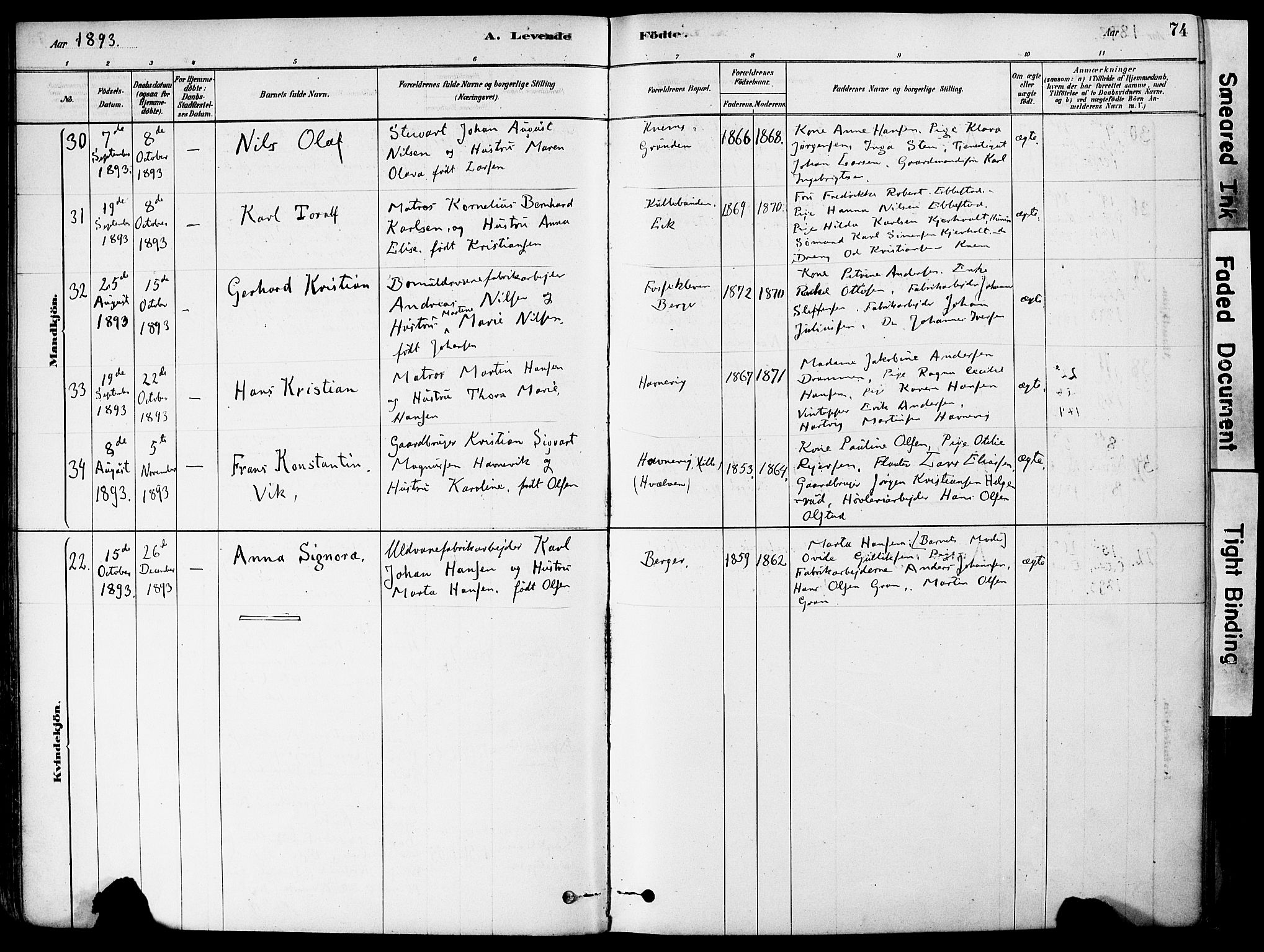 Strømm kirkebøker, AV/SAKO-A-322/F/Fa/L0004: Parish register (official) no. I 4, 1878-1899, p. 74