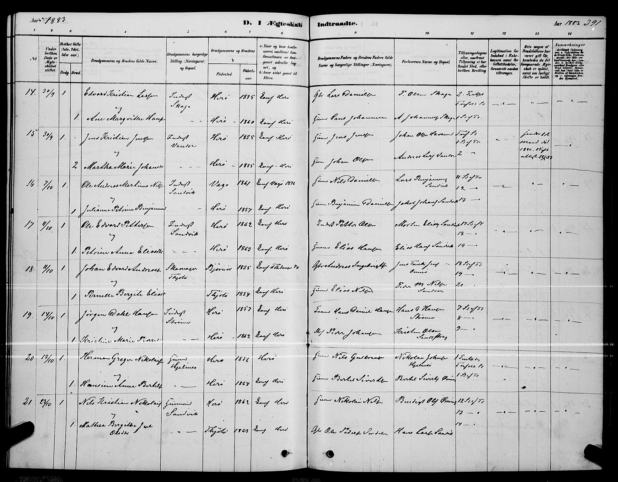 Ministerialprotokoller, klokkerbøker og fødselsregistre - Nordland, AV/SAT-A-1459/834/L0513: Parish register (copy) no. 834C04, 1877-1892, p. 391