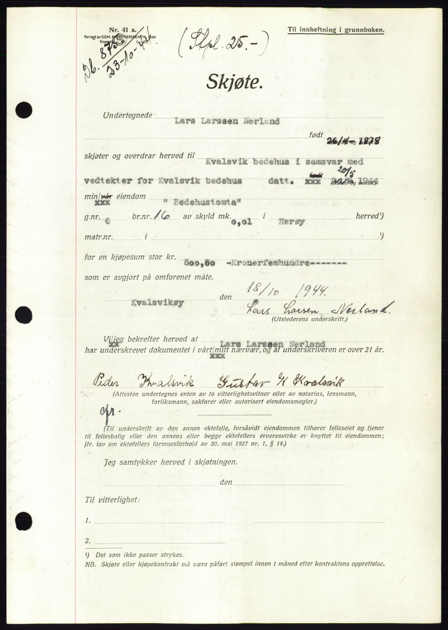 Søre Sunnmøre sorenskriveri, SAT/A-4122/1/2/2C/L0076: Mortgage book no. 2A, 1943-1944, Diary no: : 875/1944