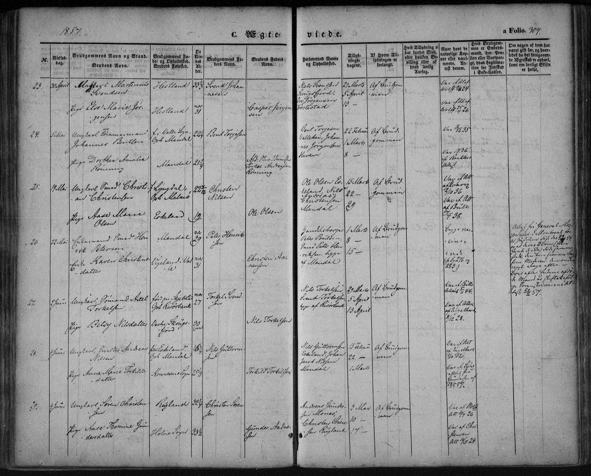 Mandal sokneprestkontor, AV/SAK-1111-0030/F/Fa/Faa/L0013: Parish register (official) no. A 13, 1847-1859, p. 307
