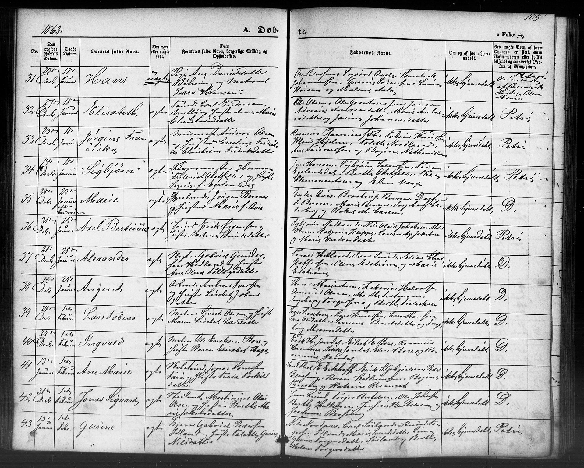Domkirken sokneprestkontor, AV/SAST-A-101812/001/30/30BB/L0012: Parish register (copy) no. B 12, 1860-1871, p. 105