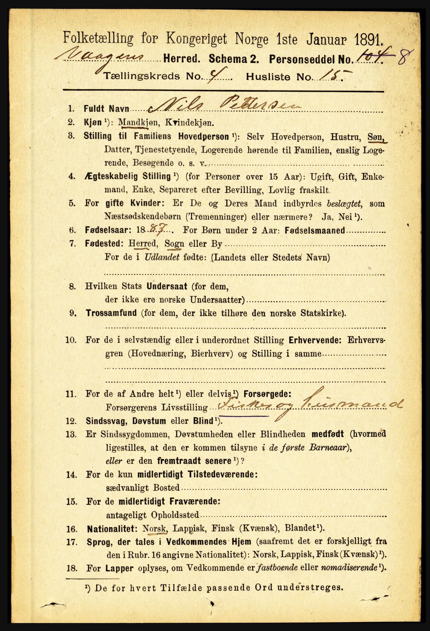 RA, 1891 census for 1865 Vågan, 1891, p. 1040