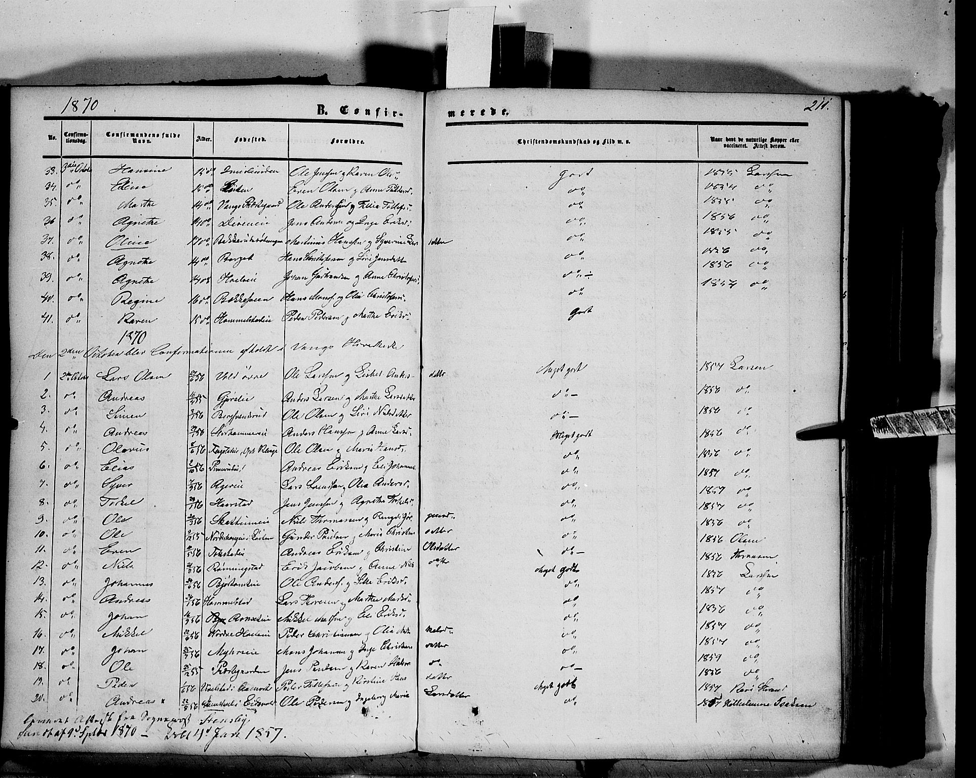 Vang prestekontor, Hedmark, SAH/PREST-008/H/Ha/Haa/L0012: Parish register (official) no. 12, 1855-1870, p. 211