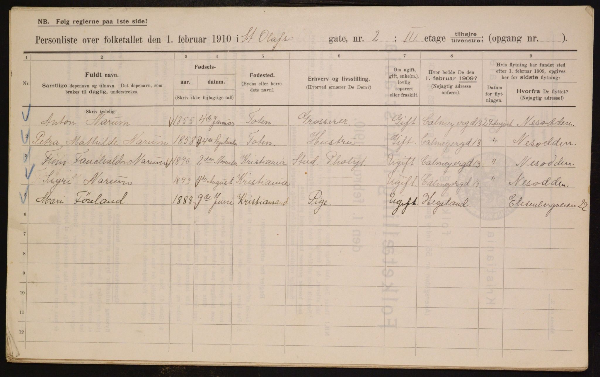 OBA, Municipal Census 1910 for Kristiania, 1910, p. 84084