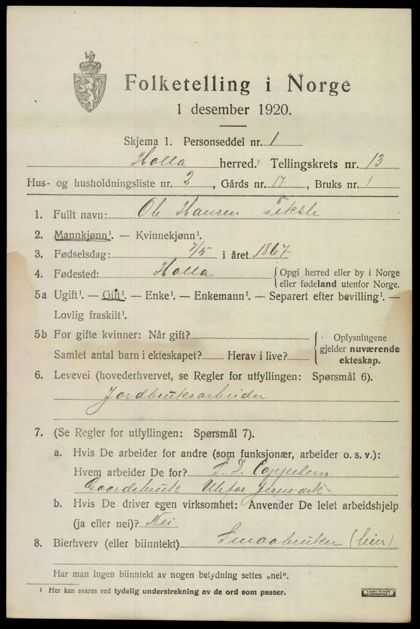 SAKO, 1920 census for Holla, 1920, p. 7943